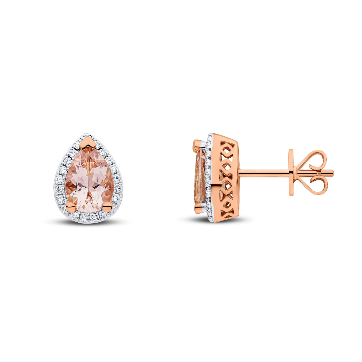 9CT RG 7X5 PEARSHAPE MORGANITE & DIAMOND CLAW CLUSTER EARRINGS