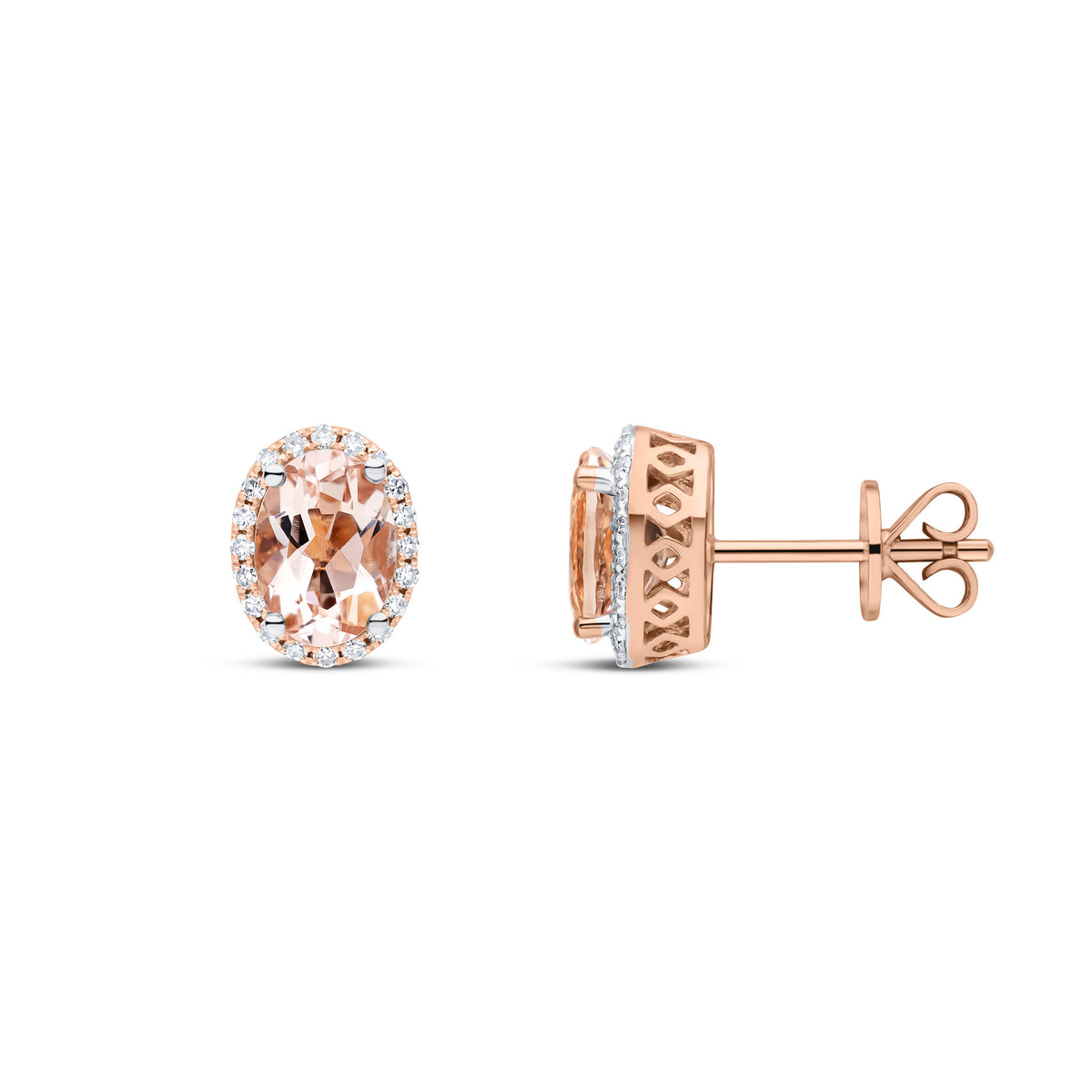 9CT RG 7X5 OVAL MORGANITE & DIAMOND CLAW SET CLUSTER EARRINGS. RHODIUM TO DIAMONDS