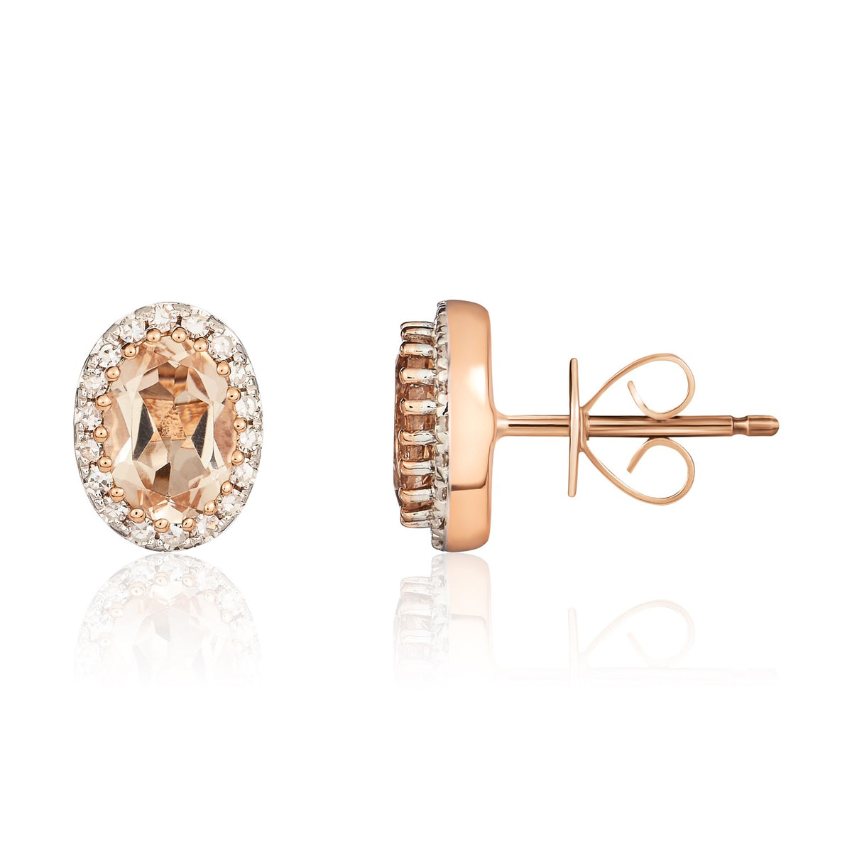 9CT RG 6X4 OVAL MORGANITE & DIAMOND CLUSTER EARRINGS