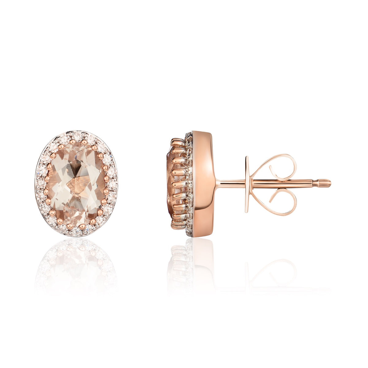 9CT RG 7X5 OVAL MORGANITE AND ROUND DIAMOND CLAW CLUSTER EARRINGS