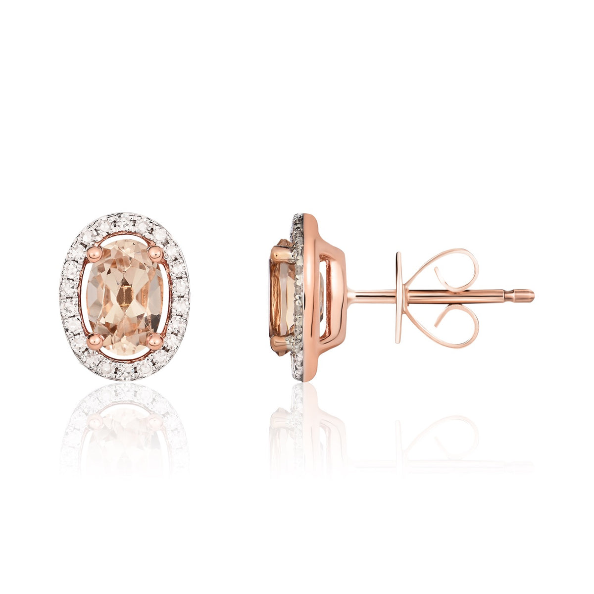 9CT RG 6X4 OVAL MORGANITE AND ROUND DIAMOND HALO CLUSTER EARRINGS.RHODIUM TO DIAMONDS