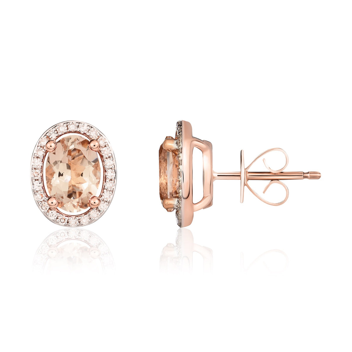 9CT RG 7X5 OVAL MORGANITE AND ROUND DIAMOND CLAW SET HALO CLUSTER EARRINGS. RHODIUM TO DIAMONDS