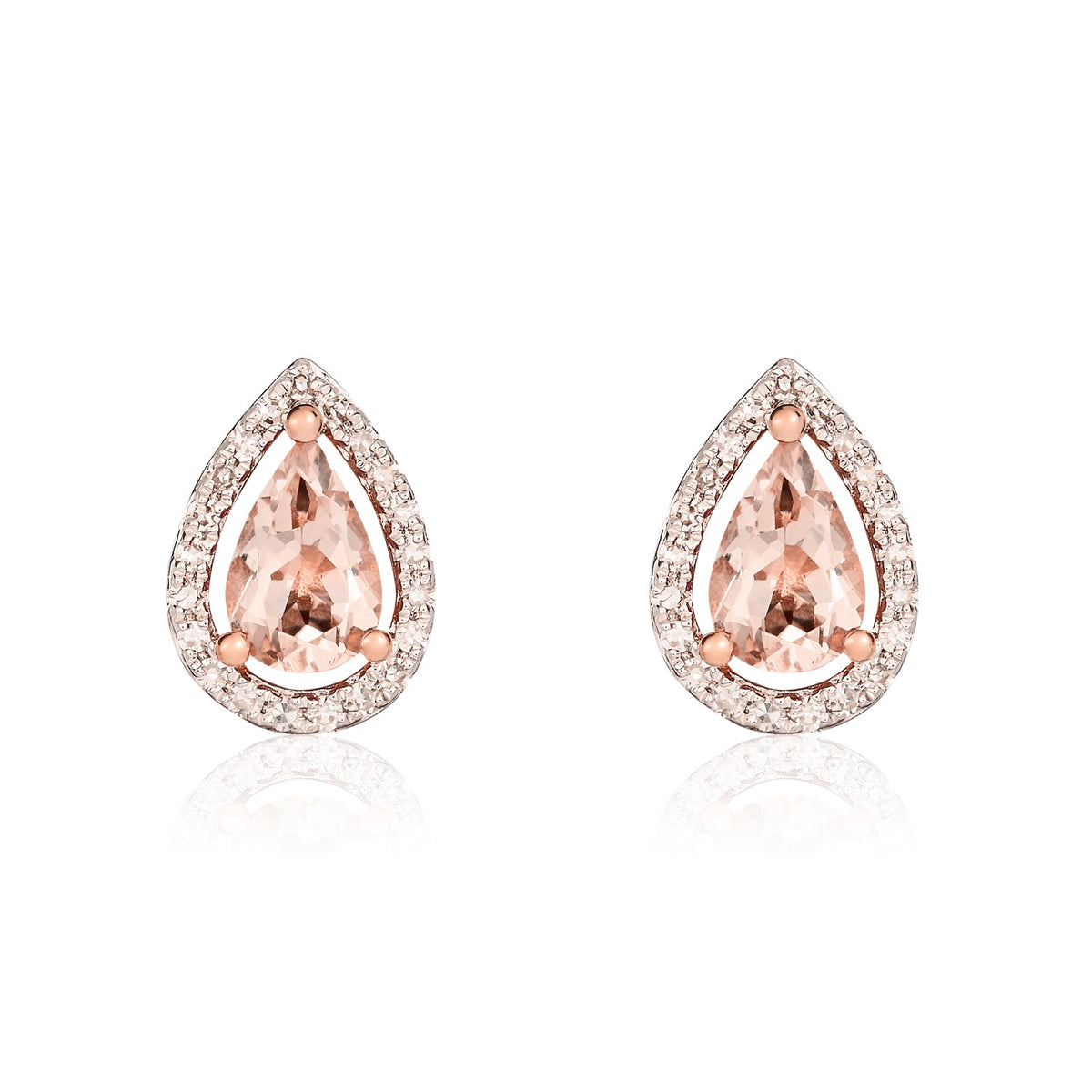 9CT RG 6X4 PEARSHAPE MORGANITE & DIAMOND HALO CLUSTER EARRINGS. RHODIUM TO DIAMONDS