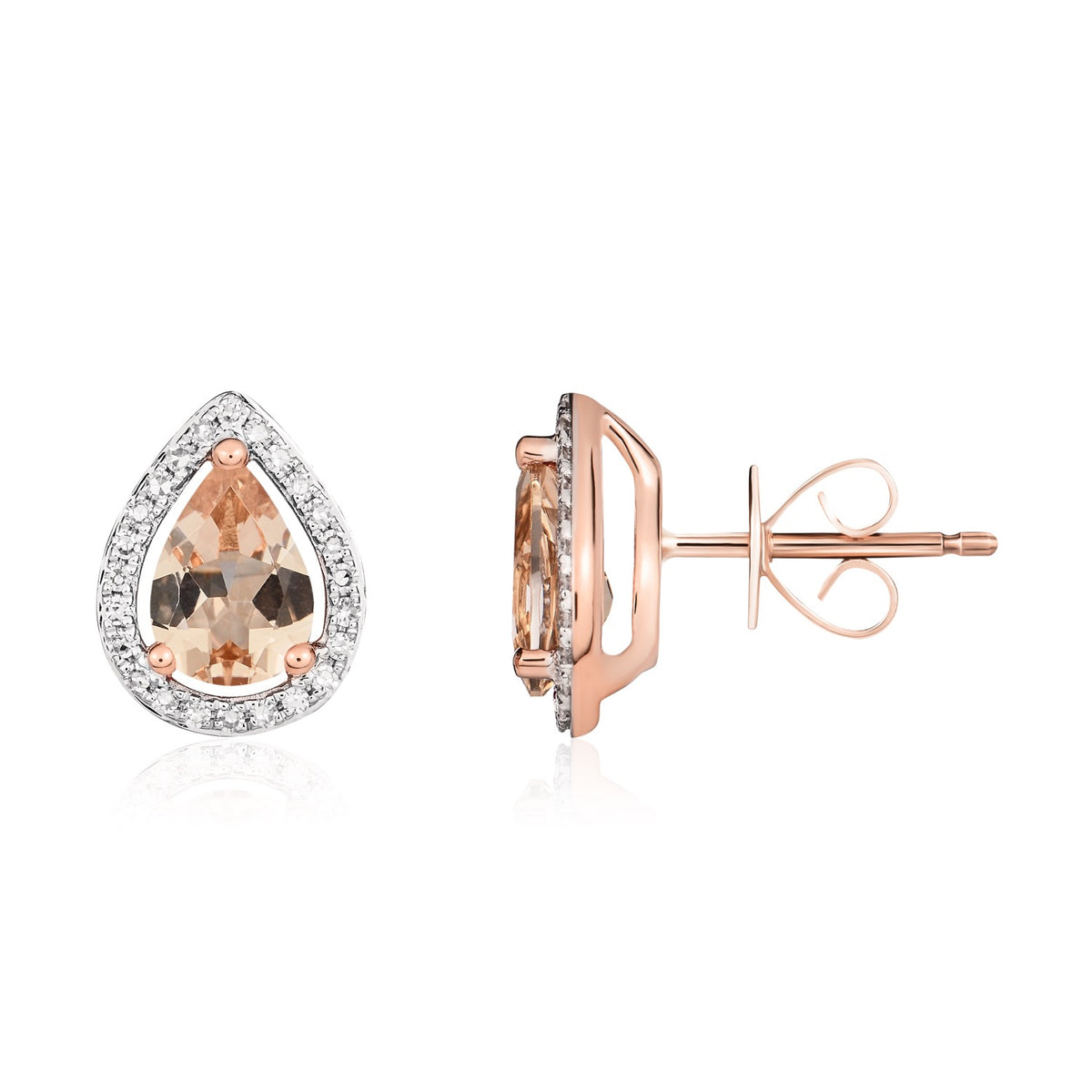 9CT RG 7X5 PEARSHAPE MORGANITE & DIAMOND HALO CLUSTER EARRINGS. RHODIUM TO DIAMONDS