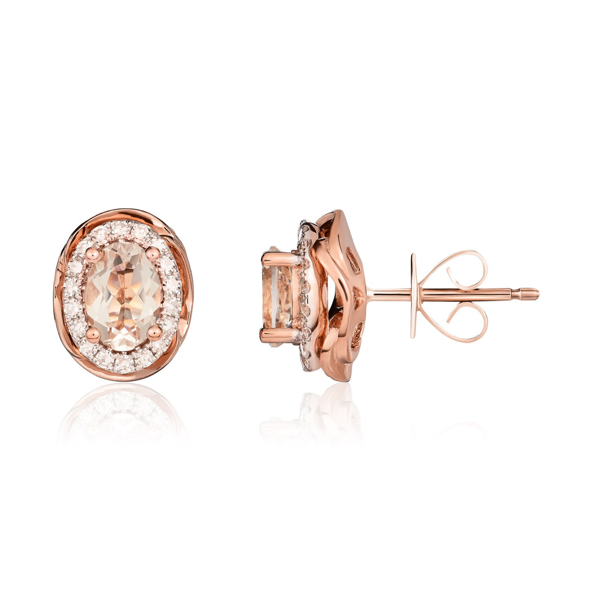 9CT RG 7X5 OVAL MORGANITE & DIAMOND CLUSTER EARRINGS WITH ROPE EDGE . RHODIUM TO DIAMONDS