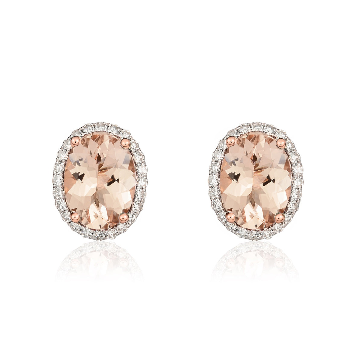 9CT RG 8X6 OVAL MORGANITE & DIAMOND CLAW SET CLUSTER EARRINGS. RHODIUM TO DIAMONDS