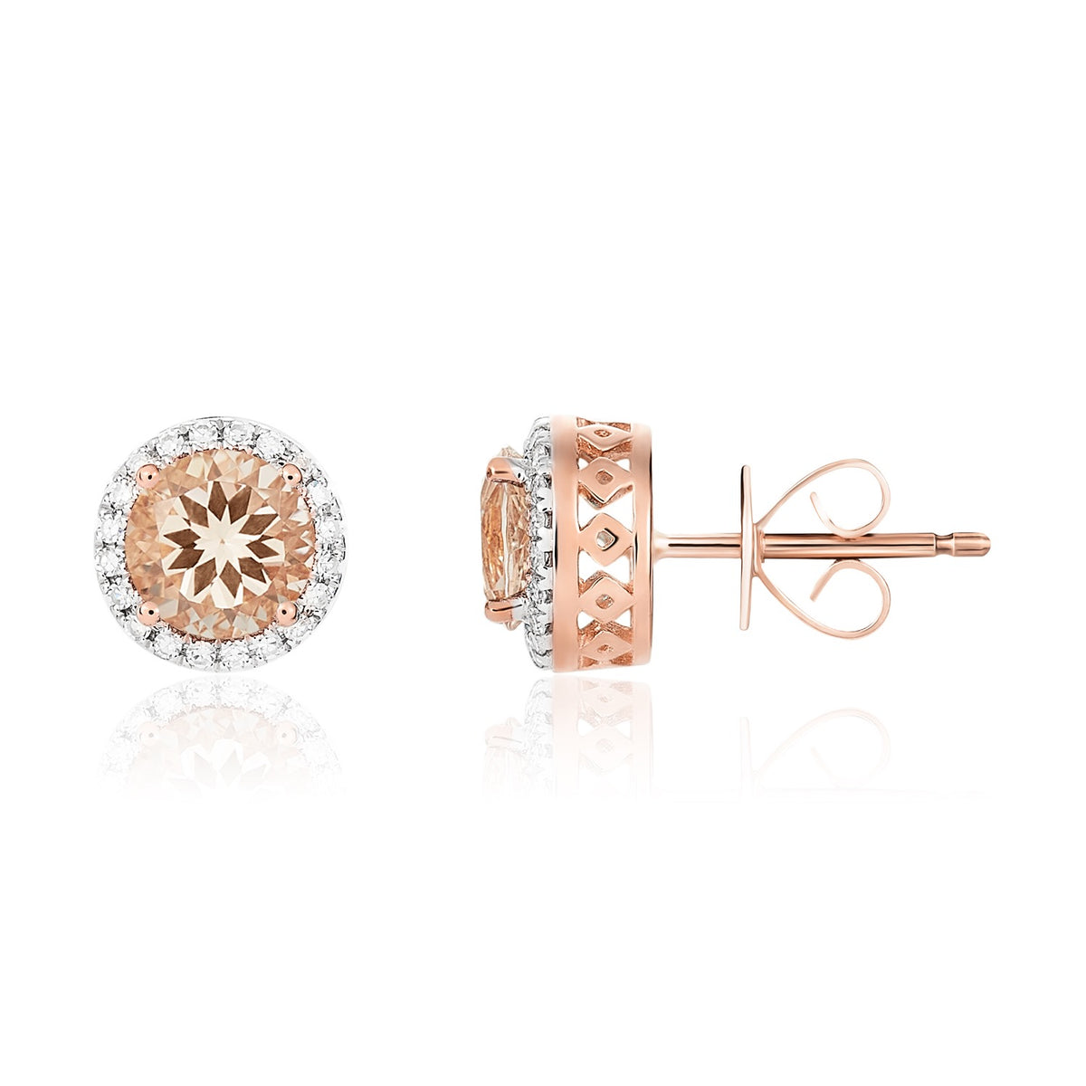 9CT RG 6MM ROUND MORGANITE AND DIAMOND CLAW CLUSTER EARRINGS. RHODIUM TO DIAMONDS