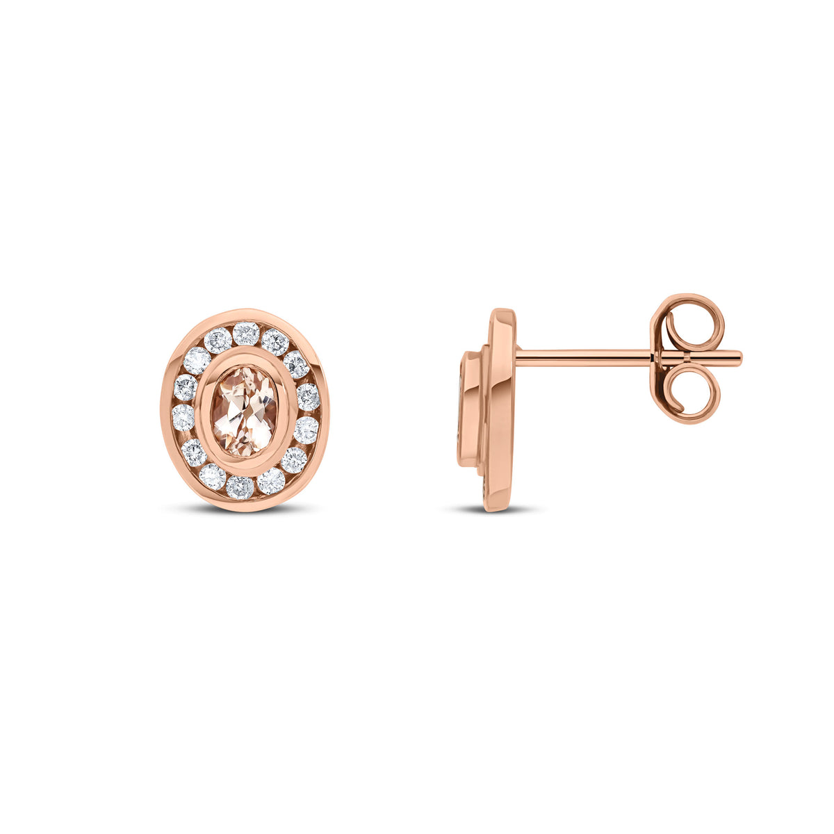 9CT RG 4X3 OVAL MORGANITE & DIAMOND CLUSTER EARRINGS