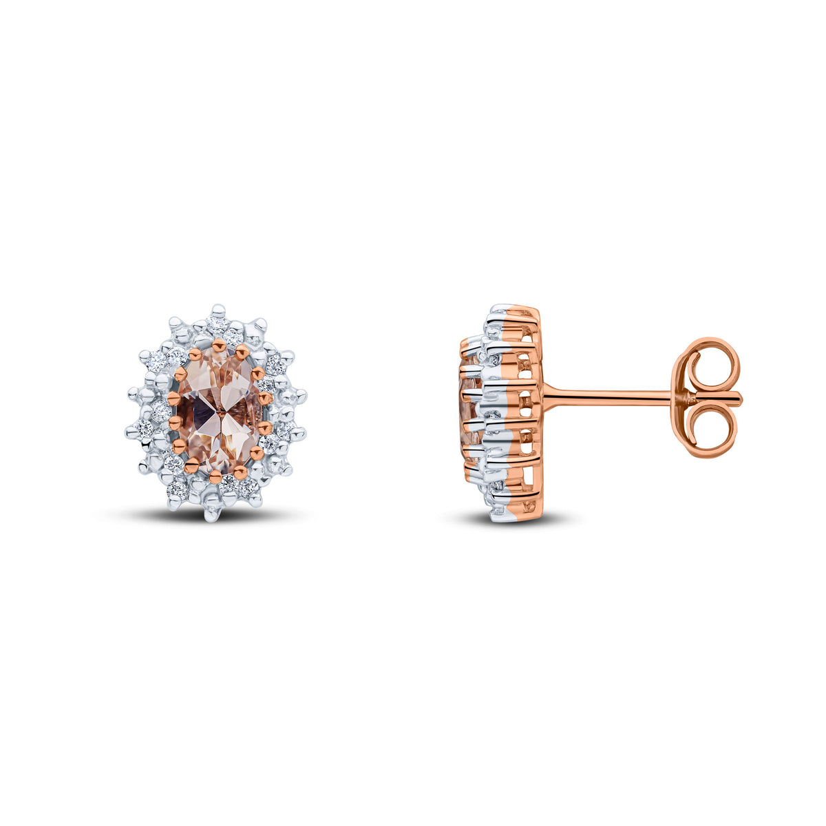 9CT RG 6X4 OVAL MORGANITE & DIAMOND CLAW CLUSTER EARRINGS. RHODIUM TO DIAMONDS