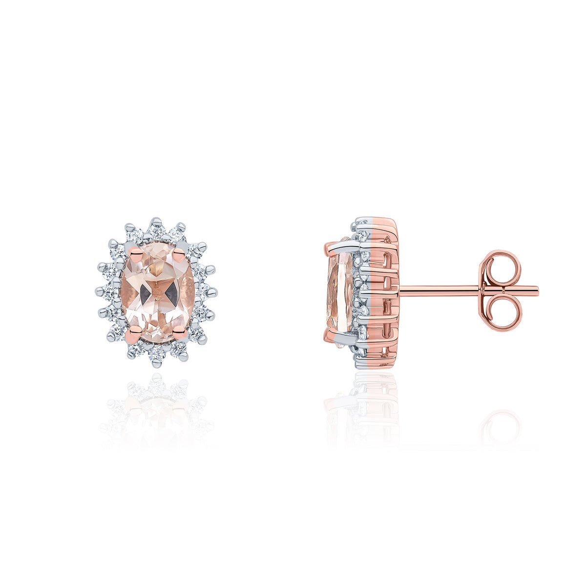 9CT RG OVAL MORGANITE AND DIAMOND CLAW CLUSTER EARRINGS. RHODIUM TO DIAMONDS