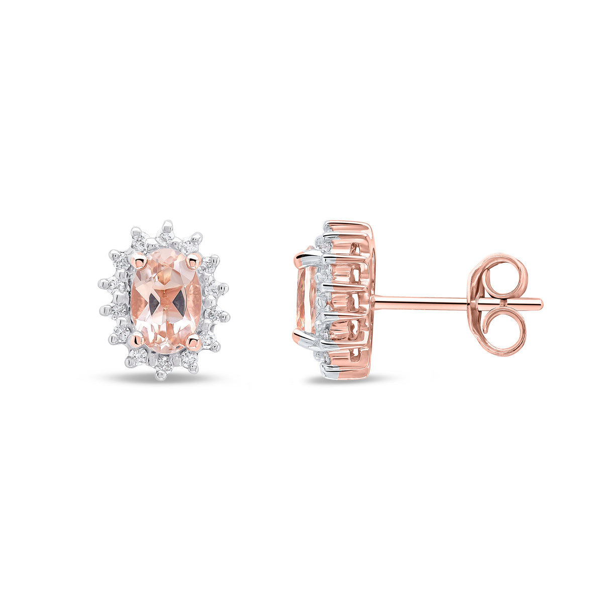 9CT RG 6X4 OVAL MORGANITE & DIAMOND CLAW CLUSTER EARRINGS. RHODIUM TO DIAMONDS