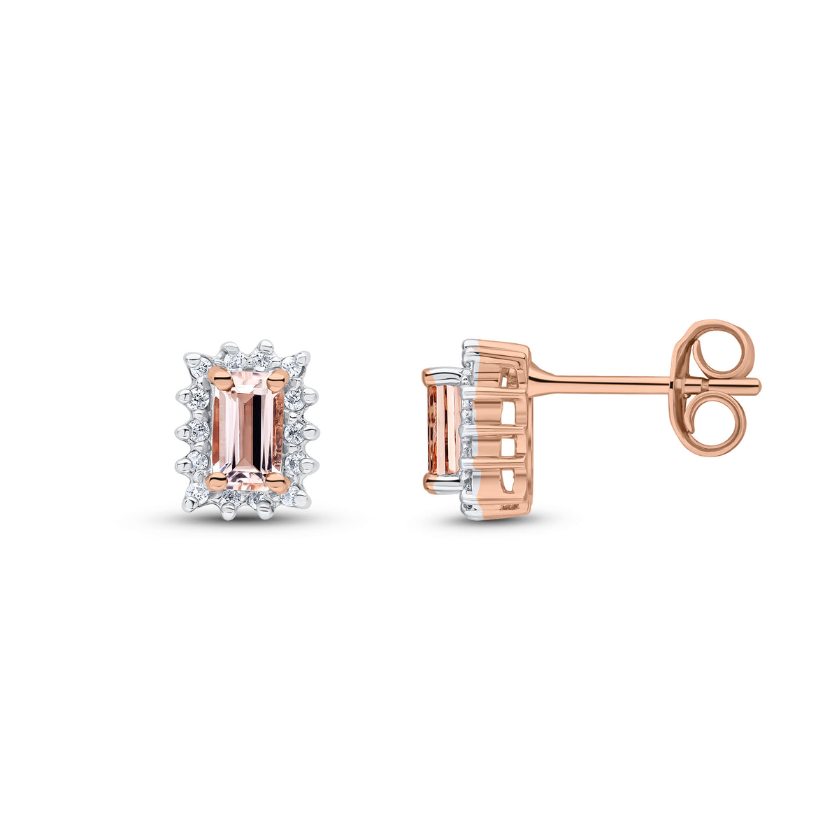9CT RG 5X3 OCTAGON MORGANITE & DIAMOND CLAW CLUSTER EARRINGS
