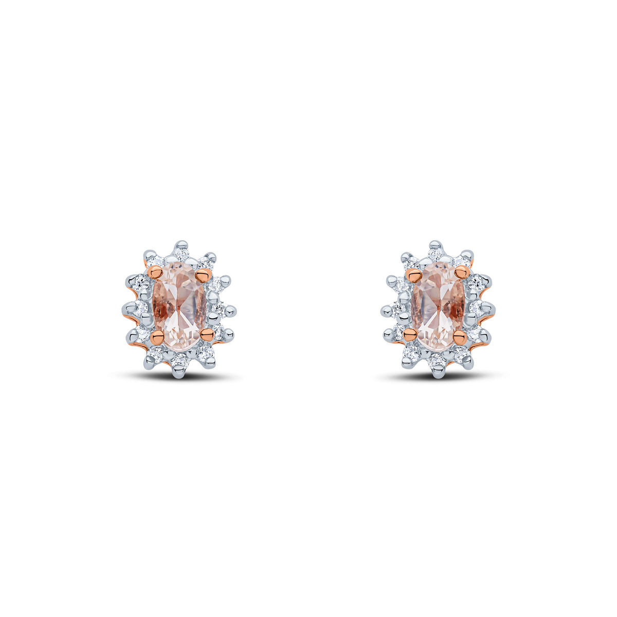 9CT RG 5X3 OVAL MORGANITE & DIAMOND CLAW SET CLUSTER EARRINGS. RHODIUM TO DIAMONDS