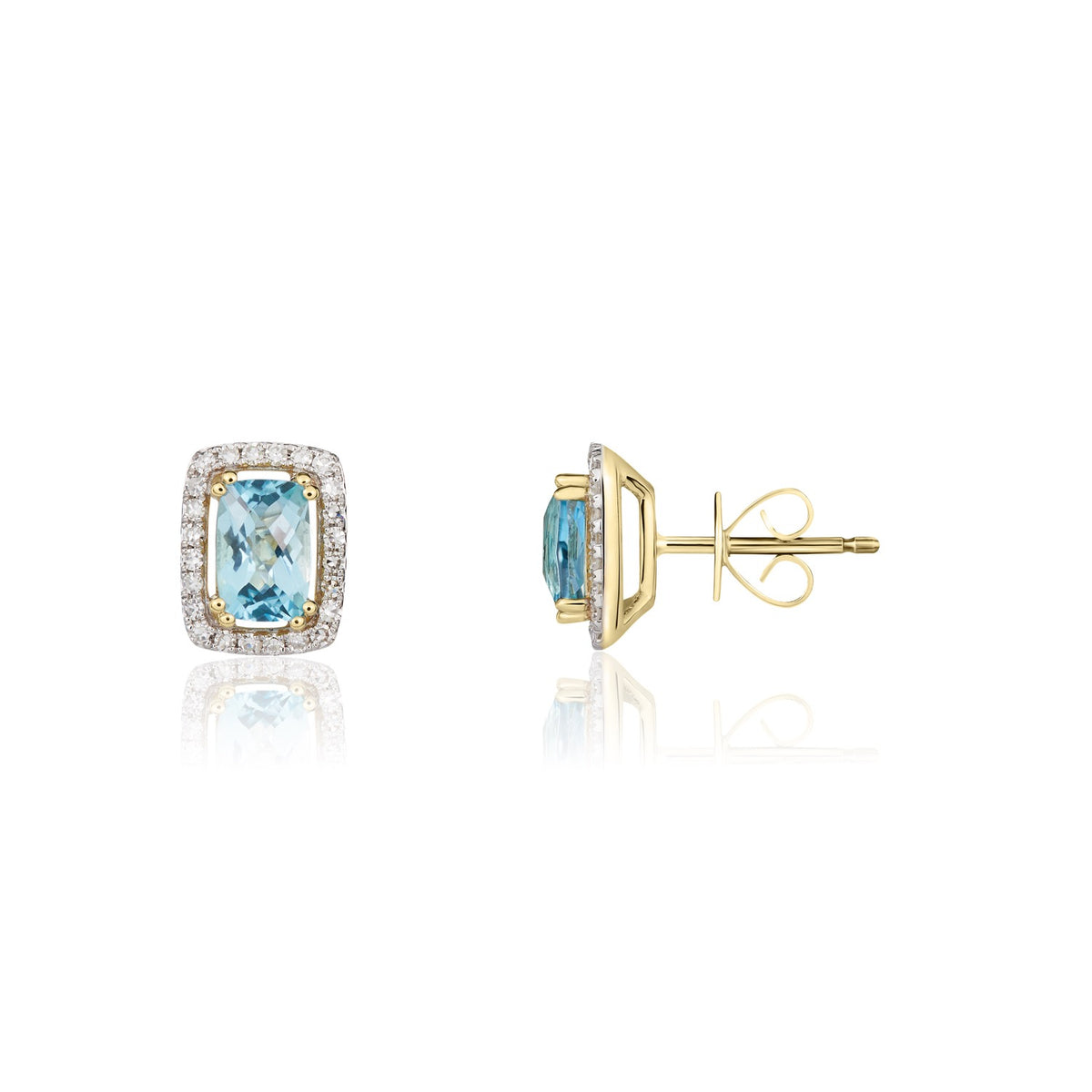 9CT YG CHECKERBOARD CUT CUSHION SWISS BLUE TOPAZ AND DIAMOND HALO CLUSTER EARRINGS. RHODIUM TO DIAMONDS