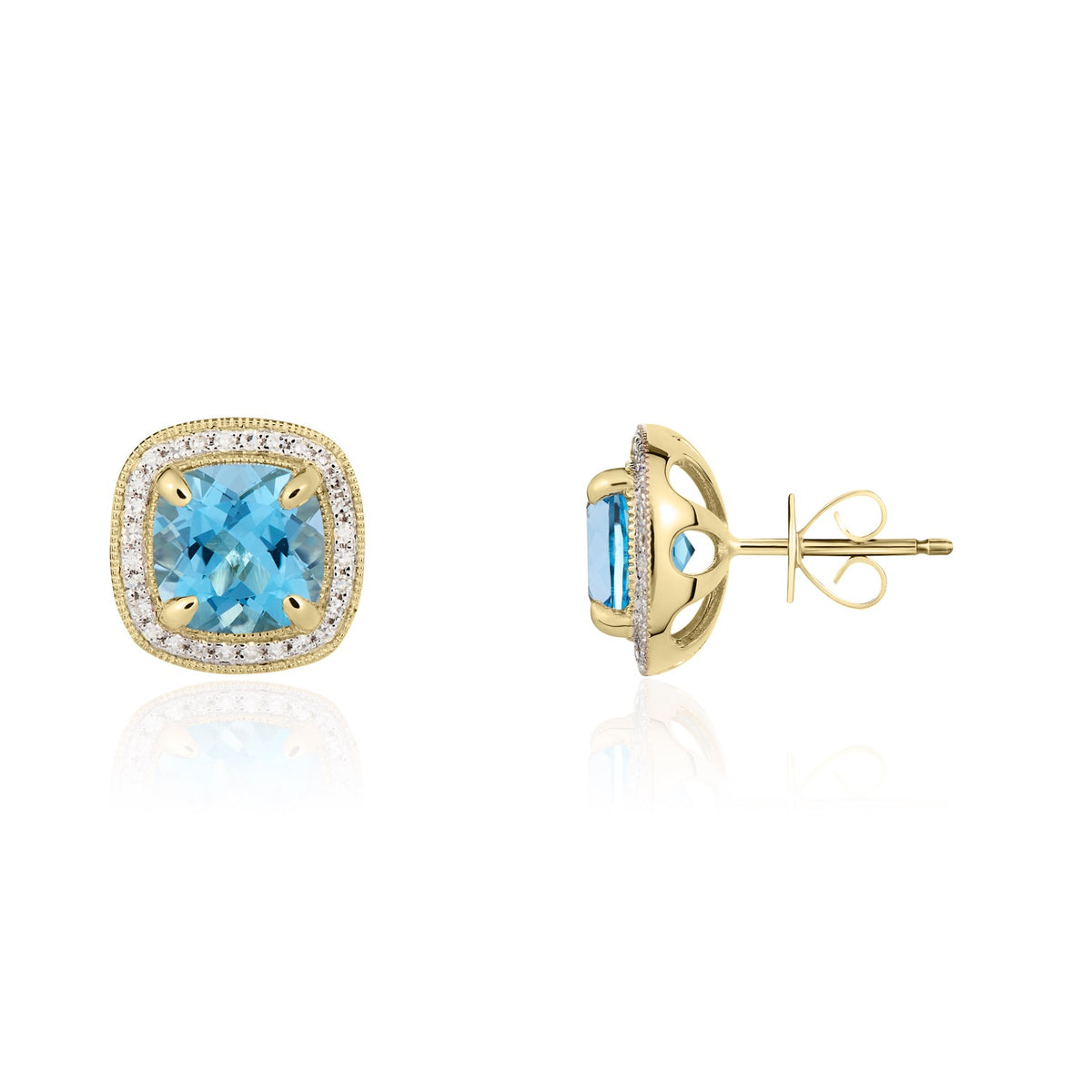 9CT YG 7MM CUSHION SWISS BLUE TOPAZ AND DIAMOND CLUSTER EARRINGS WITH MILLEGRAIN EDGE. RHODIUM TO DIAMONDS
