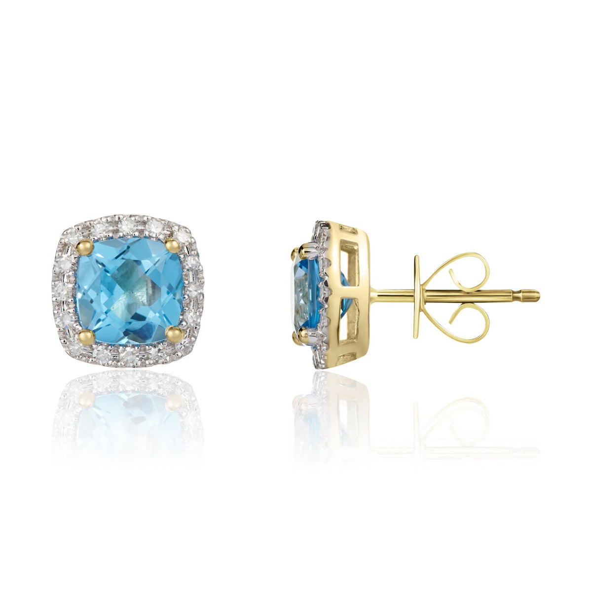 9CT YG 6MM CUSHION SWISS BLUE TOPAZ & DIAMOND CLAW SET CLUSTER EARRINGS. RHODIUM TO DIAMONDS