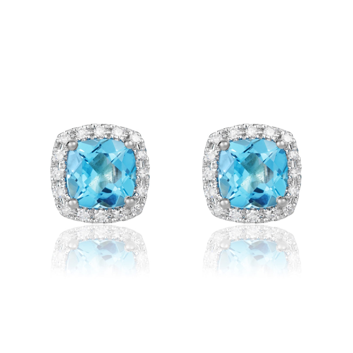 9CT WG 6MM CUSHION SWISS BLUE TOPAZ & DIAMOND CLAW CLUSTER EARRINGS