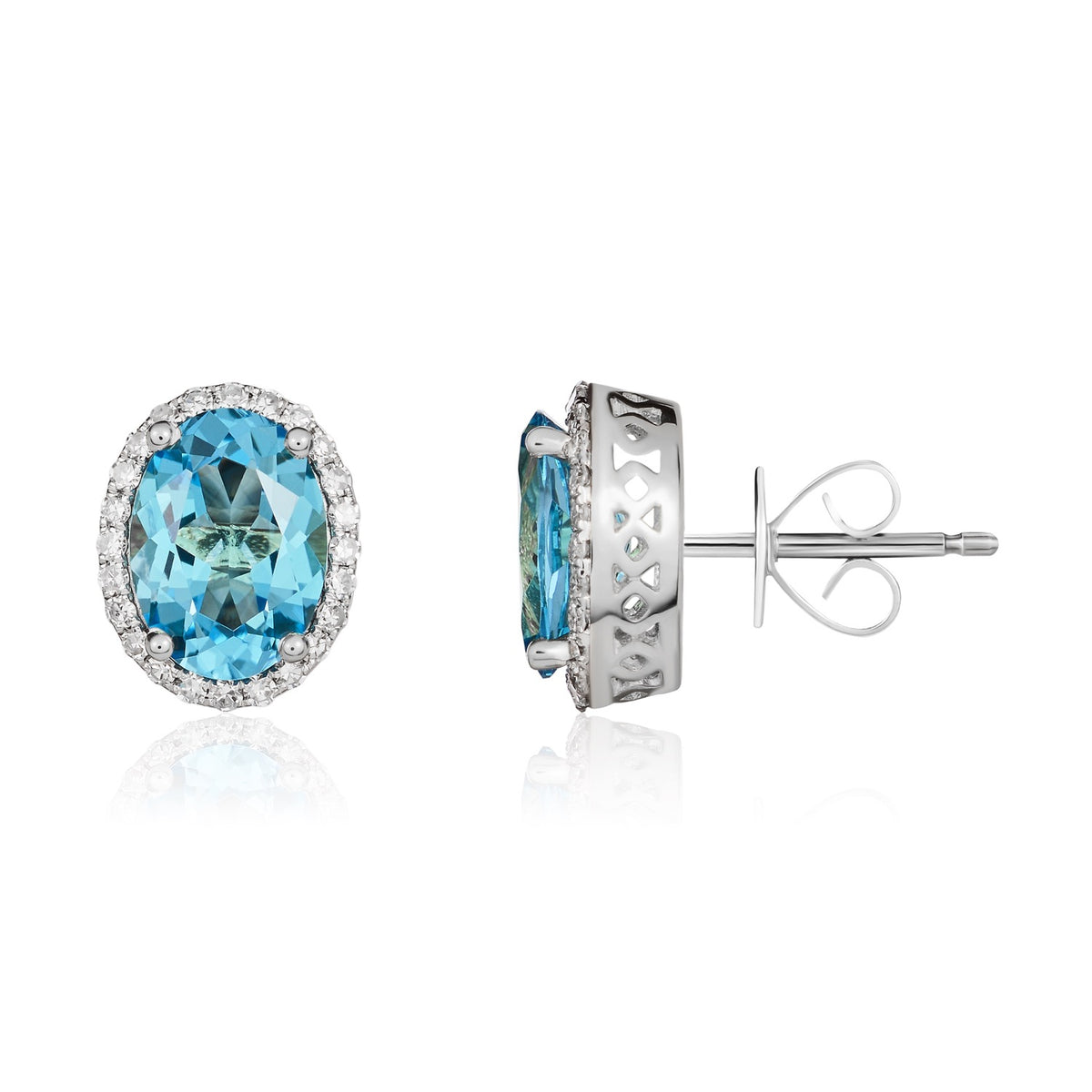9CT WG 8X6 OVAL SWISS BLUE TOPAZ & DIAMOND CLAW SET CLUSTER EARRINGS