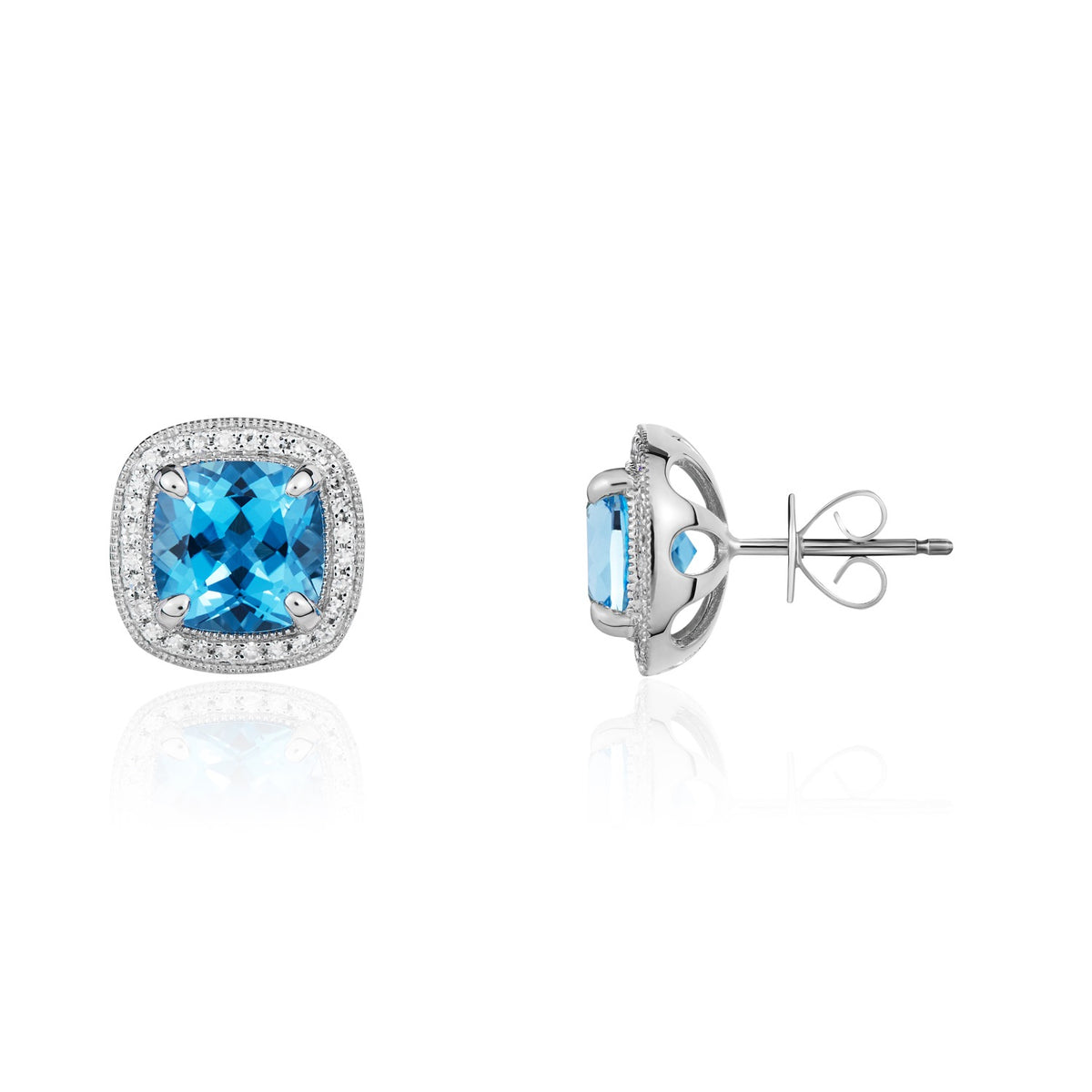 9CT WG 7MM CUSHION SWISS BLUE TOPAZ AND DIAMOND CLUSTER EARRINGS WITH MILLEGRAIN EDGE