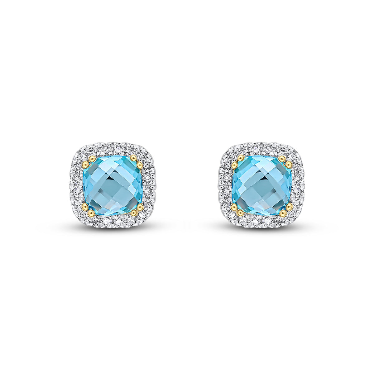 9CT YG 5MM CHECKERBOARD CUT CUSHION SWISS BLUE TOPAZ & DIAMOND CLUSTER EARRINGS. RHODIUM TO DIAMONDS