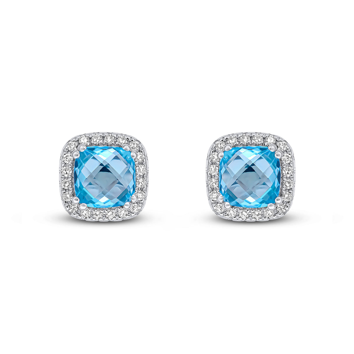 9CT WG 5MM CHECKERBOARD CUT CUSHION SWISS BLUE TOPAZ & DIAMOND CLUSTER EARRINGS