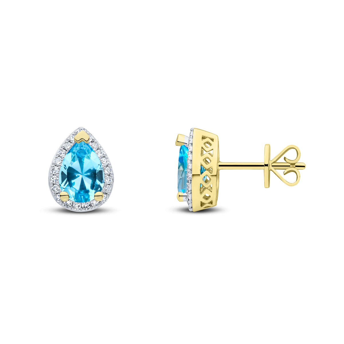 9CT YG 7X5 PEARSHAPE SWISS BLUE TOPAZ & DIAMOND CLUSTER EARRINGS. RHODIUM TO DIAMONDS