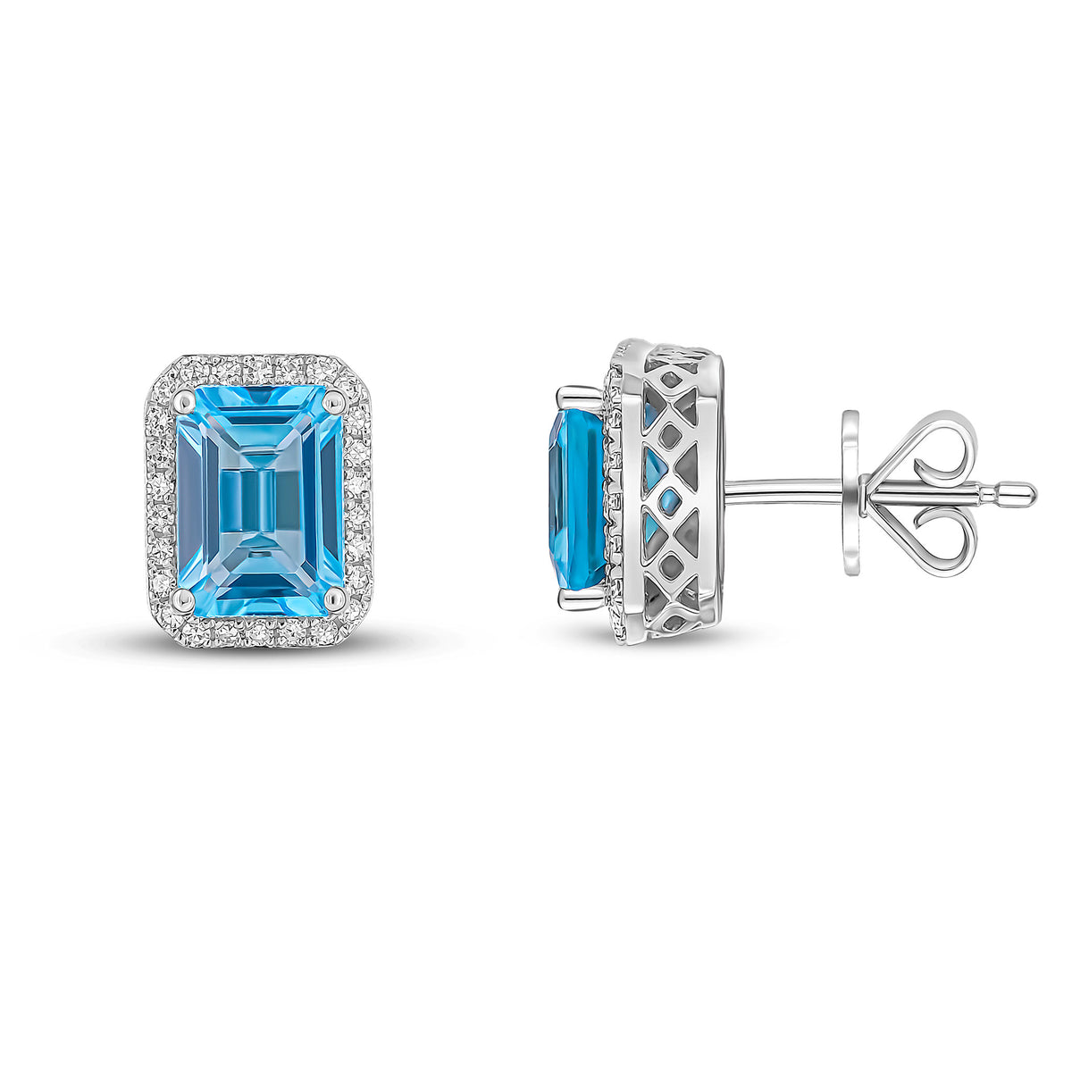 9CT WG 7X5 OCTAGON SWISS BLUE TOPAZ & DIAMOND CLUSTER EARRINGS