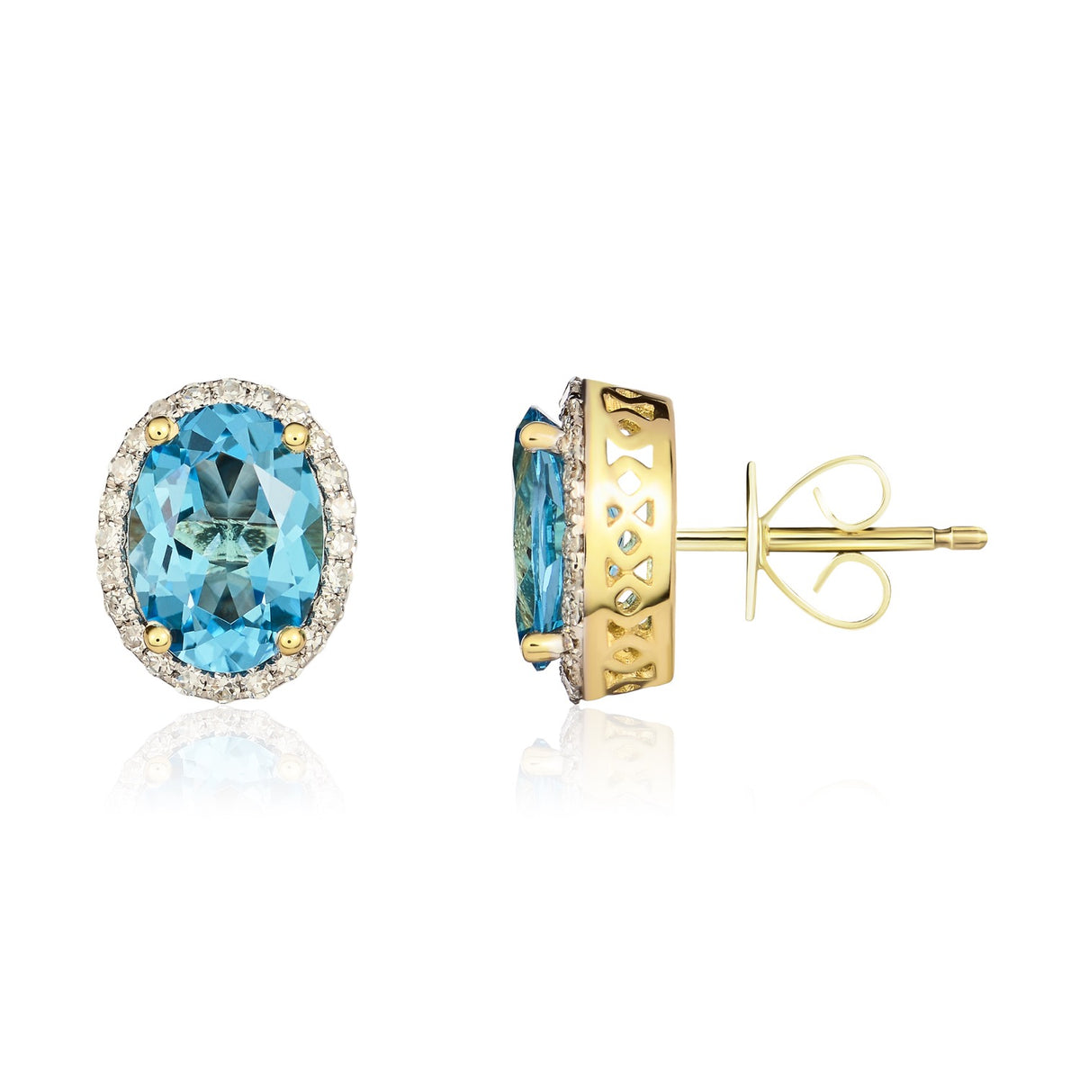 9CT YG 8X6 OVAL SWISS BLUE TOPAZ & DIAMOND CLAW SET CLUSTER EARRINGS. RHODIUM TO DIAMONDS