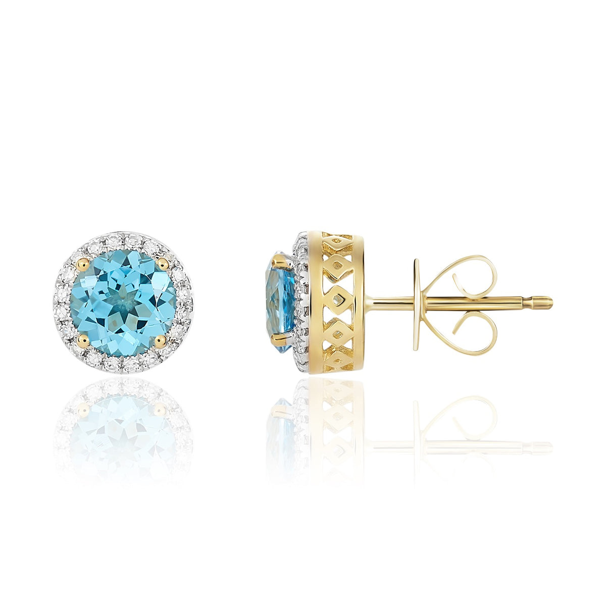 9CT YG 6MM ROUND SWISS BLUE TOPAZ AND DIAMOND CLAW CLUSTER EARRINGS. RHODIUM TO DIAMONDS