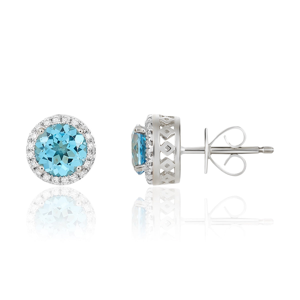 9CT WG 6MM ROUND SWISS BLUE TOPAZ AND DIAMOND CLAW CLUSTER EARRINGS