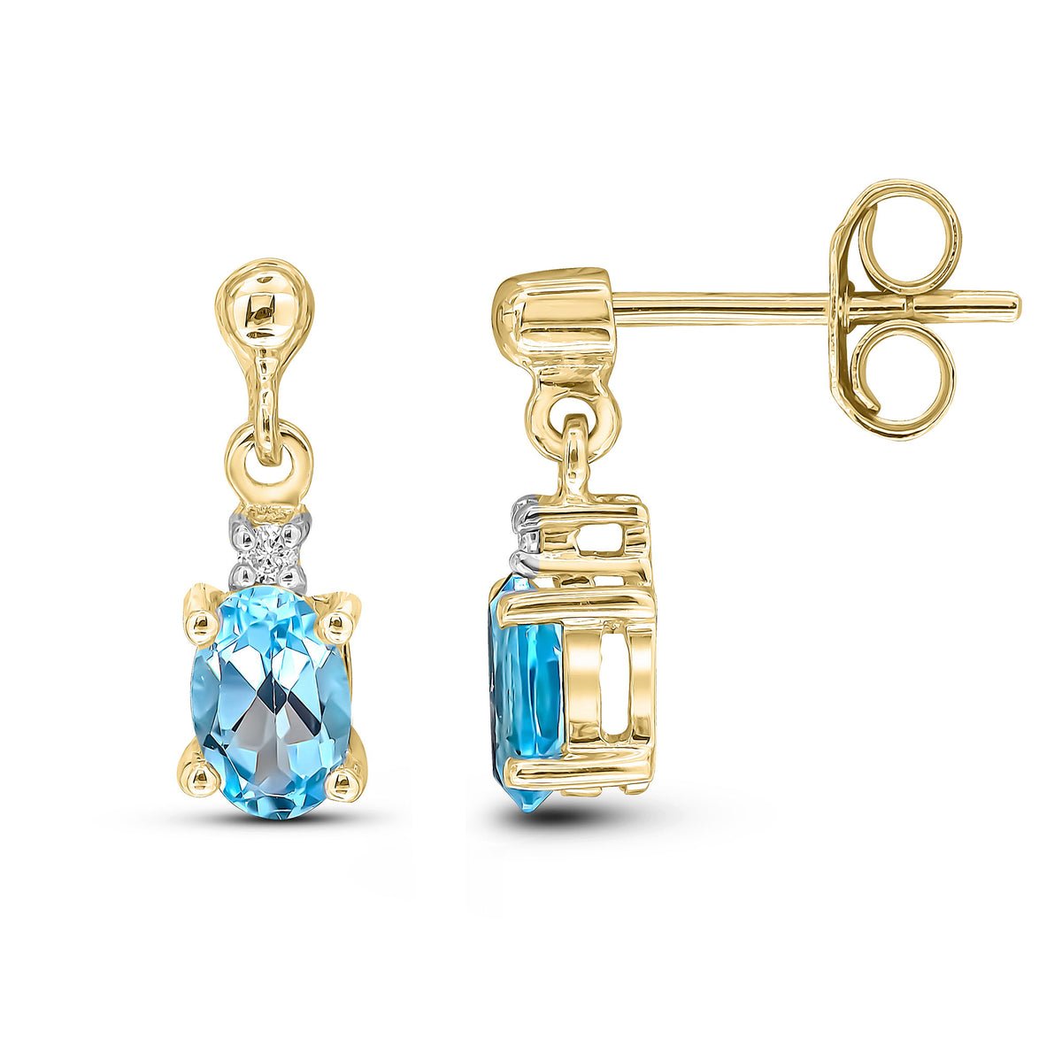 9CT YG OVAL SWISS BLUE TOPAZ & DIAMOND CLAW SET 2 STONE DROP EARRINGS WITH BEAD STUD TOP
