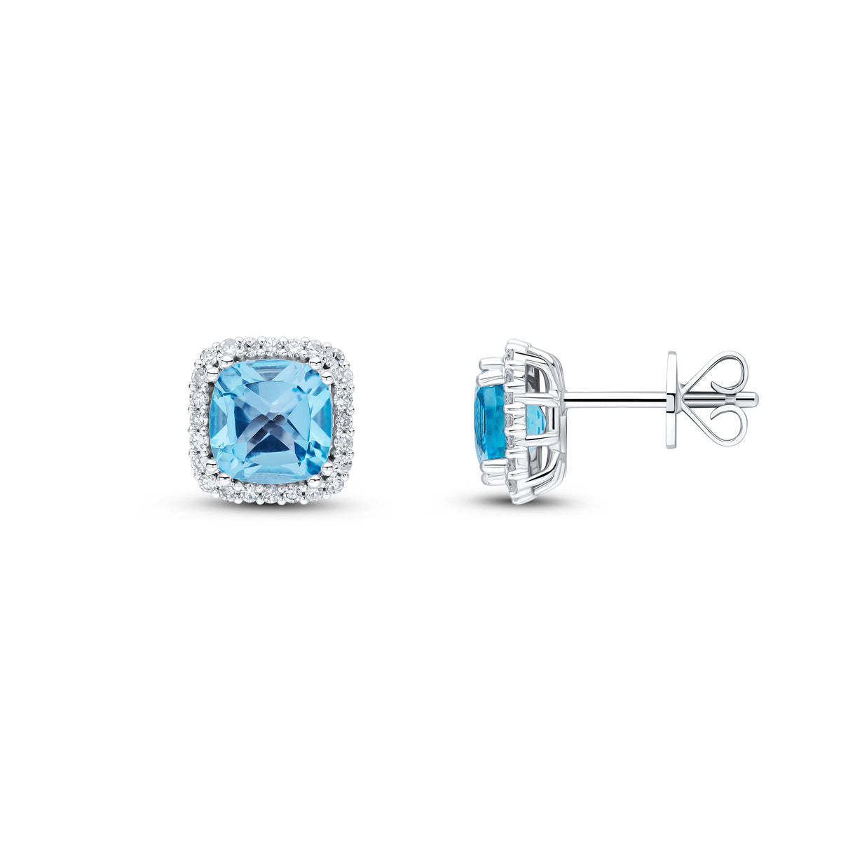 9CT WG 6MM CUSHION SWISS BLUE TOPAZ & DIAMOND DOUBLE CLAW SET CLUSTER EARRINGS