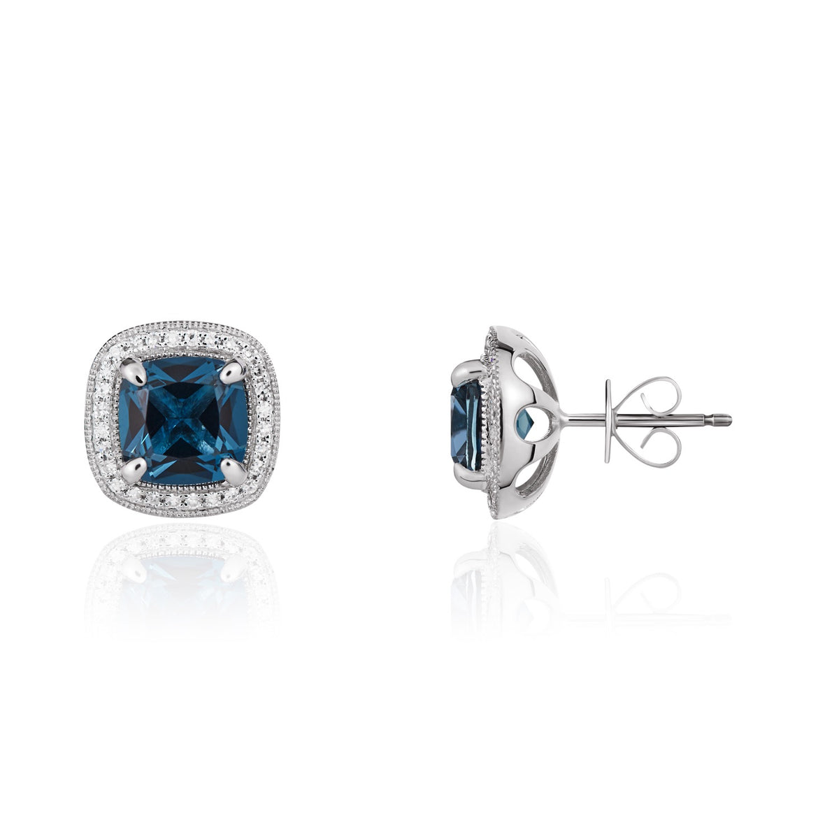 9CT WG 7MM CUSHION LONDON BLUE TOPAZ AND DIAMOND CLUSTER EARRINGS WITH MILLEGRAIN EDGE