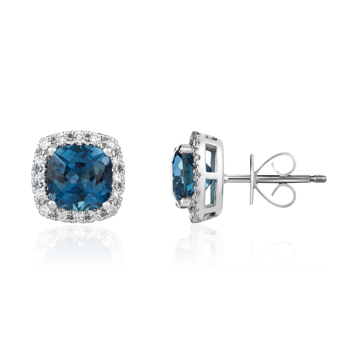 9CT WG 6MM CUSHION LONDON BLUE TOPAZ & DIAMOND CLAW CLUSTER EARRINGS