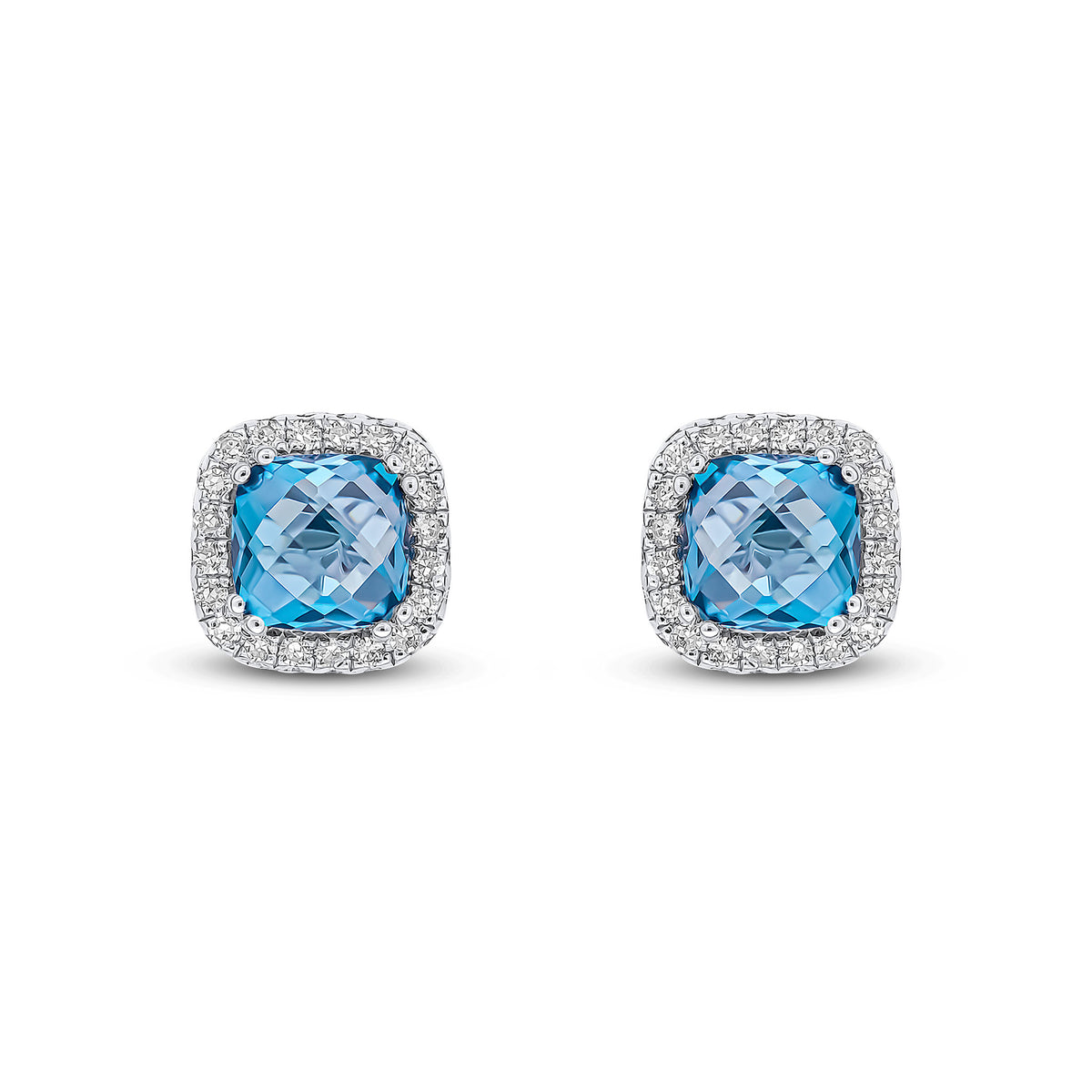 9CT WG 5MM CHECKERBOARD CUT CUSHION LONDON BLUE TOPAZ & DIAMOND CLUSTER EARRINGS