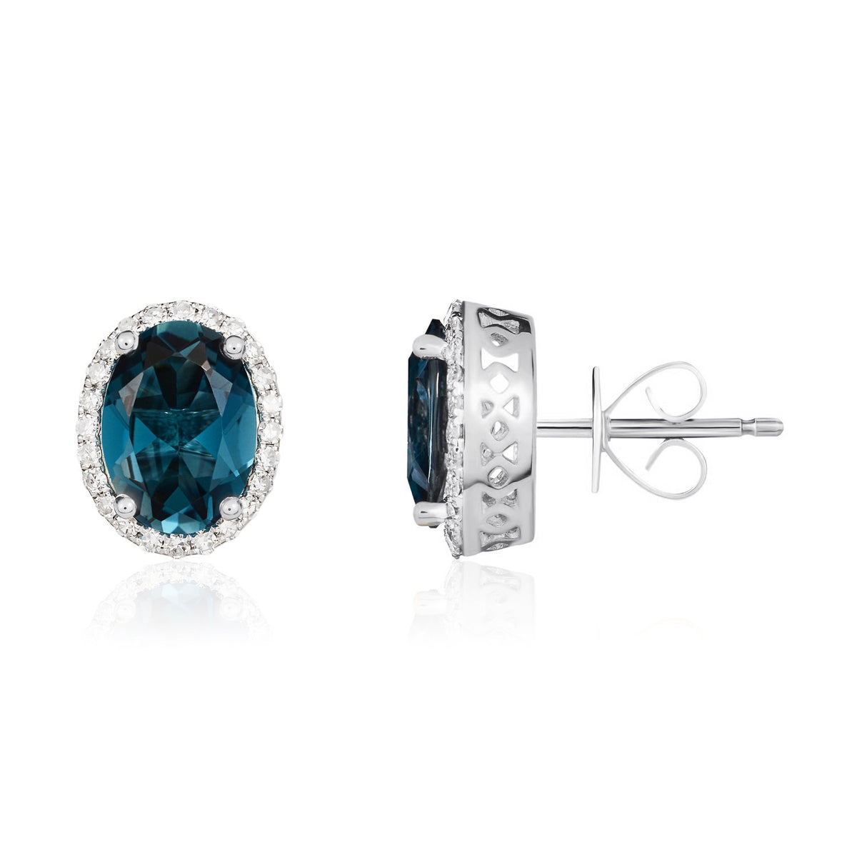 9CT WG 8X6 OVAL LONDON BLUE TOPAZ & DIAMOND CLAW SET CLUSTER EARRINGS