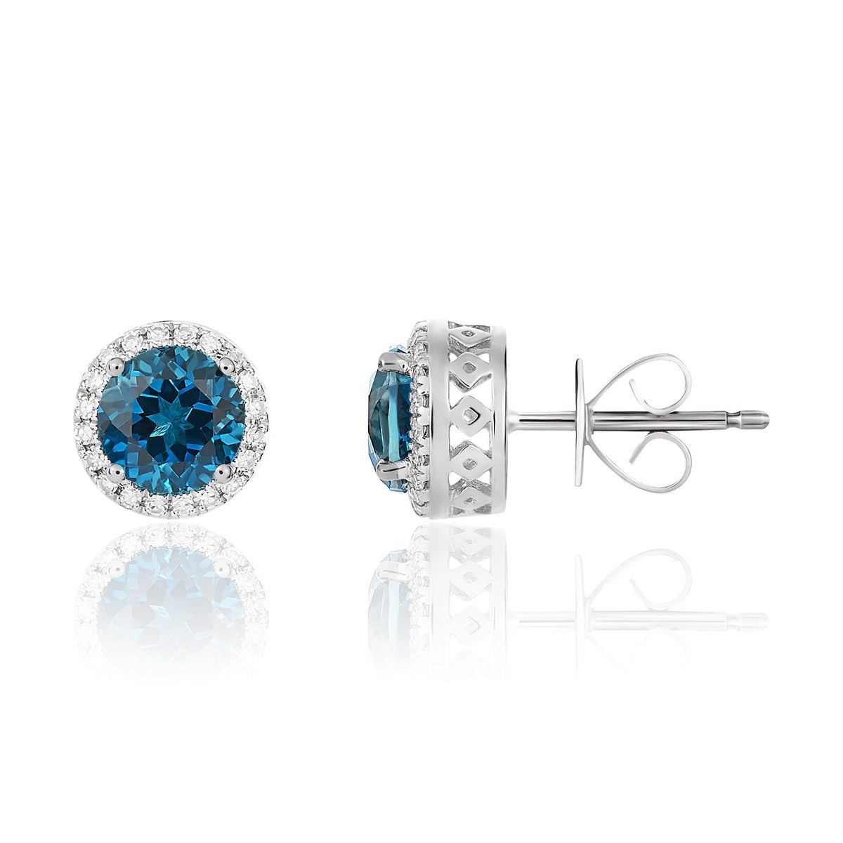 9CT WG 6MM ROUND LONDON BLUE TOPAZ AND DIAMOND CLAW CLUSTER EARRINGS