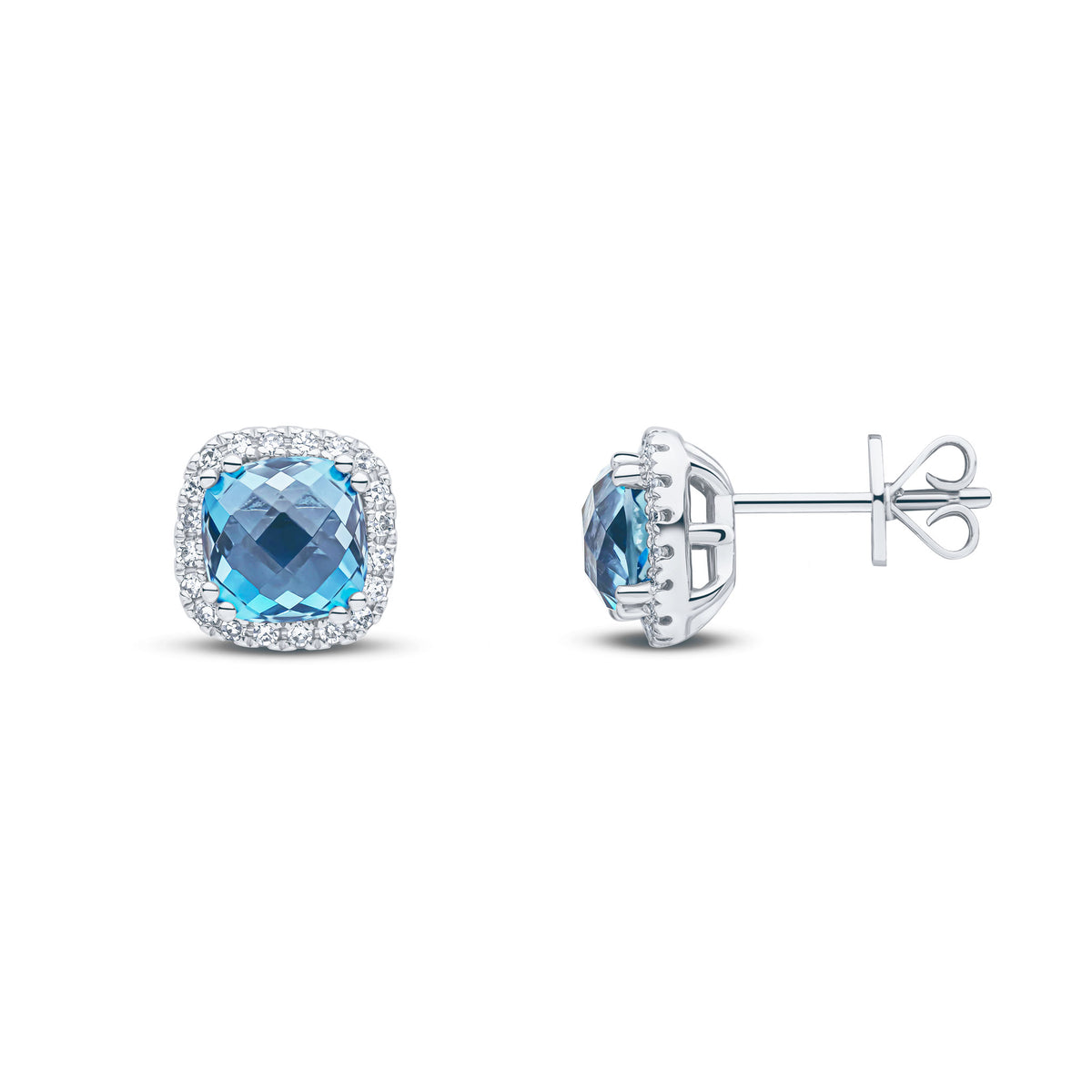 9CT WG 6MM CHECKERBOARD CUT CUSHION LONDON BLUE TOPAZ AND DIAMOND CLAW CLUSTER EARRINGS.