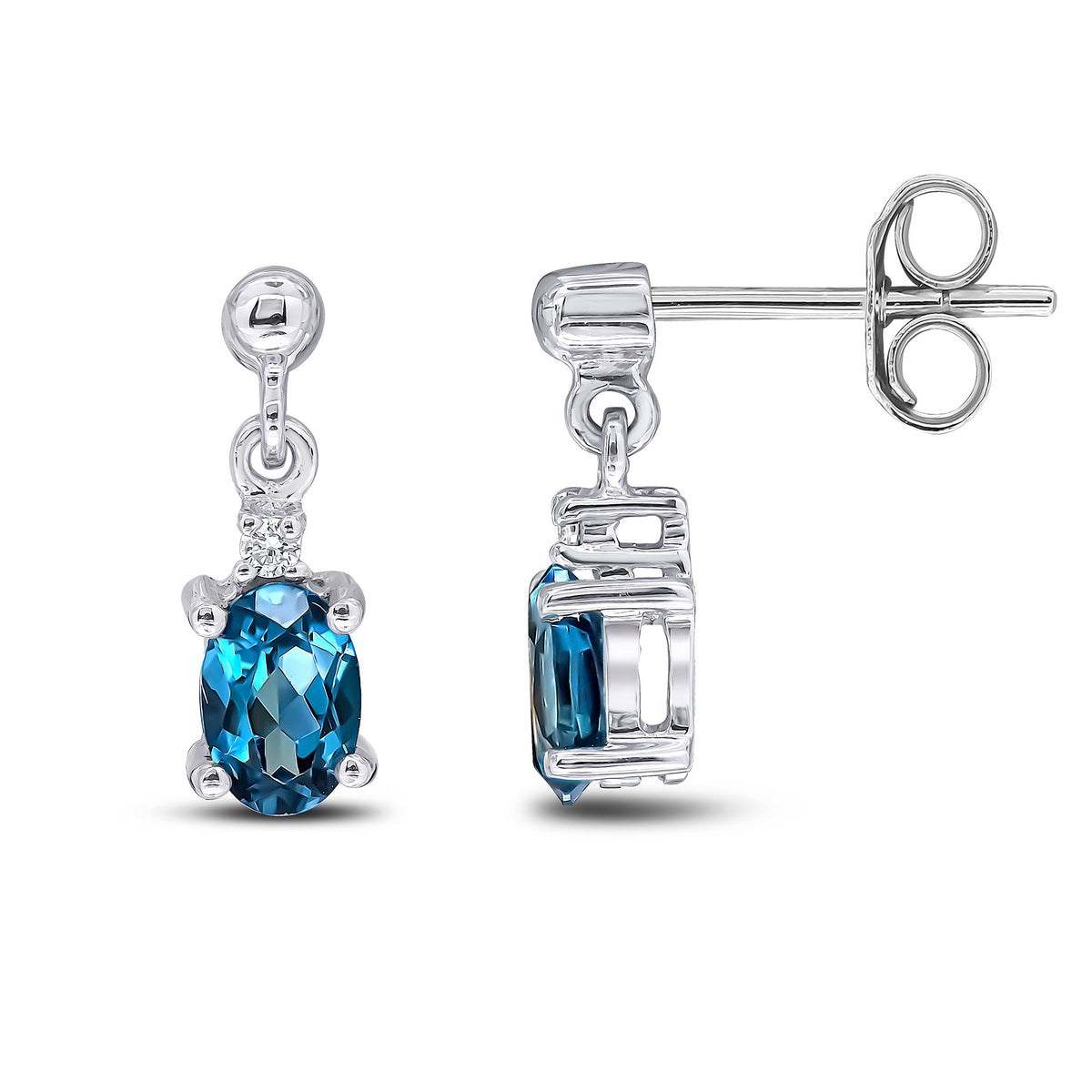 9CT WG OVAL LONDON BLUE TOPAZ & DIAMOND CLAW SET 2 STONE DROP EARRINGS WITH BEAD STUD TOP
