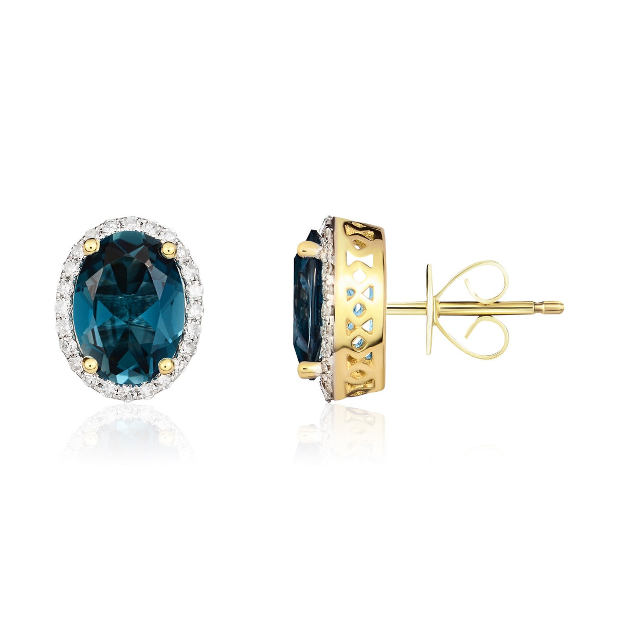 9CT YG 8X6 OVAL LONDON BLUE TOPAZ AND DIAMOND CLAW CLUSTER EARRINGS. RHODIUM TO DIAMONDS