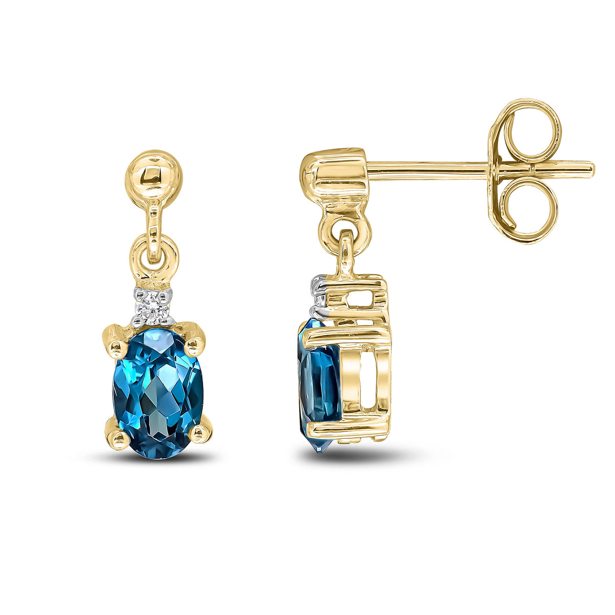 9CT YG OVAL LONDON BLUE TOPAZ & DIAMOND CLAW SET 2 STONE DROP EARRINGS WITH BEAD STUD TOP