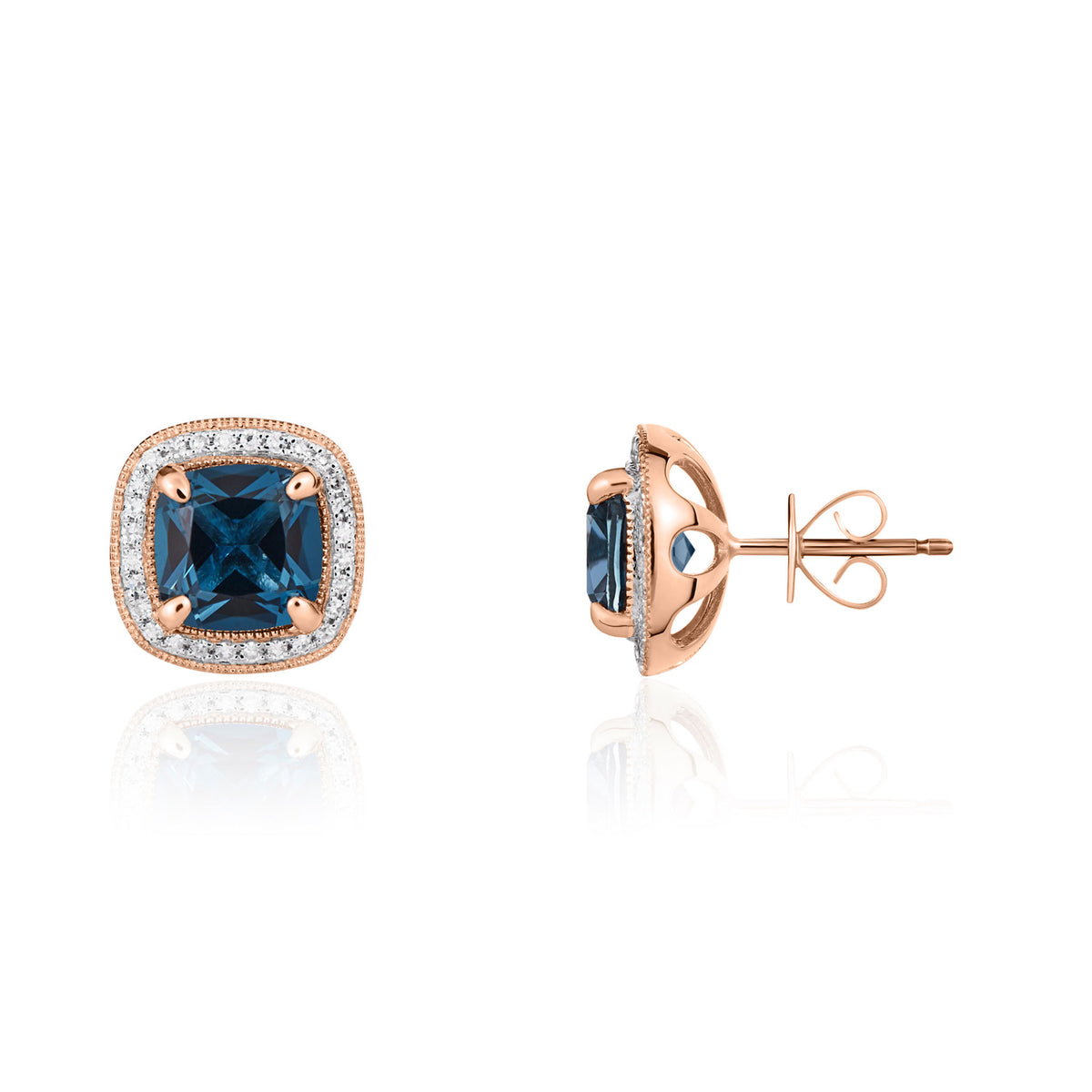 9CT RG 7MM CUSHION LONDON BLUE TOPAZ AND DIAMOND CLUSTER EARRINGS WITH MILLEGRAIN EDGE