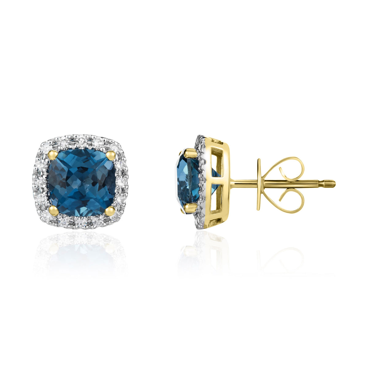 9CT YG 6MM CUSHION LONDON BLUE TOPAZ & DIAMOND CLAW CLUSTER EARRINGS. RHODIUM TO DIAMONDS
