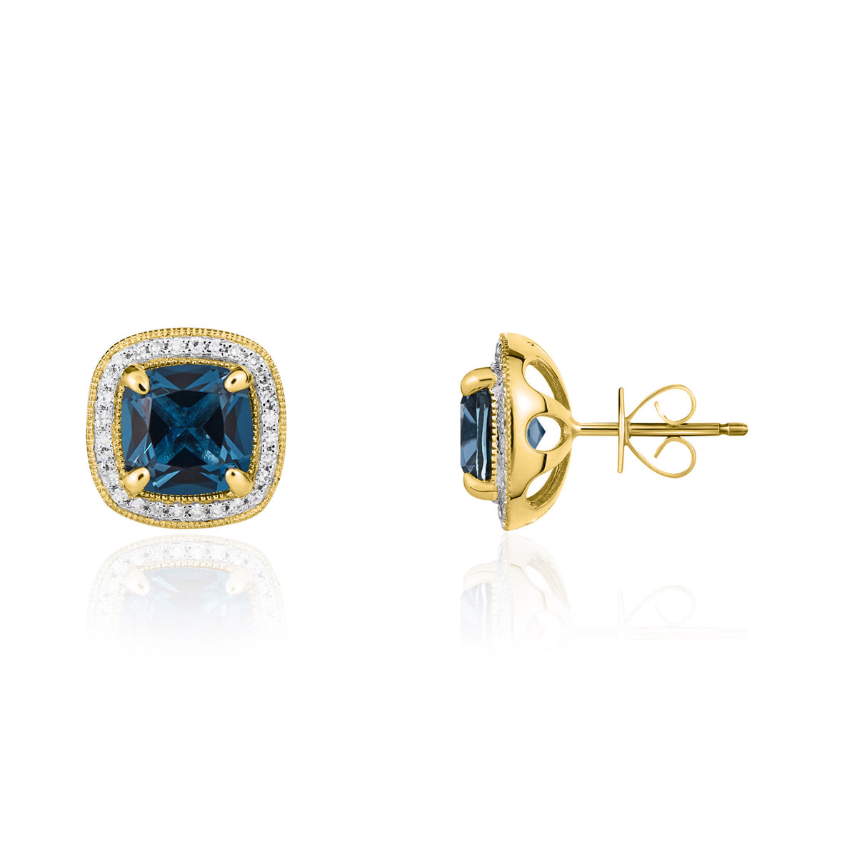 9CT YG 7MM CUSHION LONDON BLUE TOPAZ AND DIAMOND CLUSTER EARRINGS WITH MILLEGRAIN EDGE. RHODIUM TO DIAMONDS