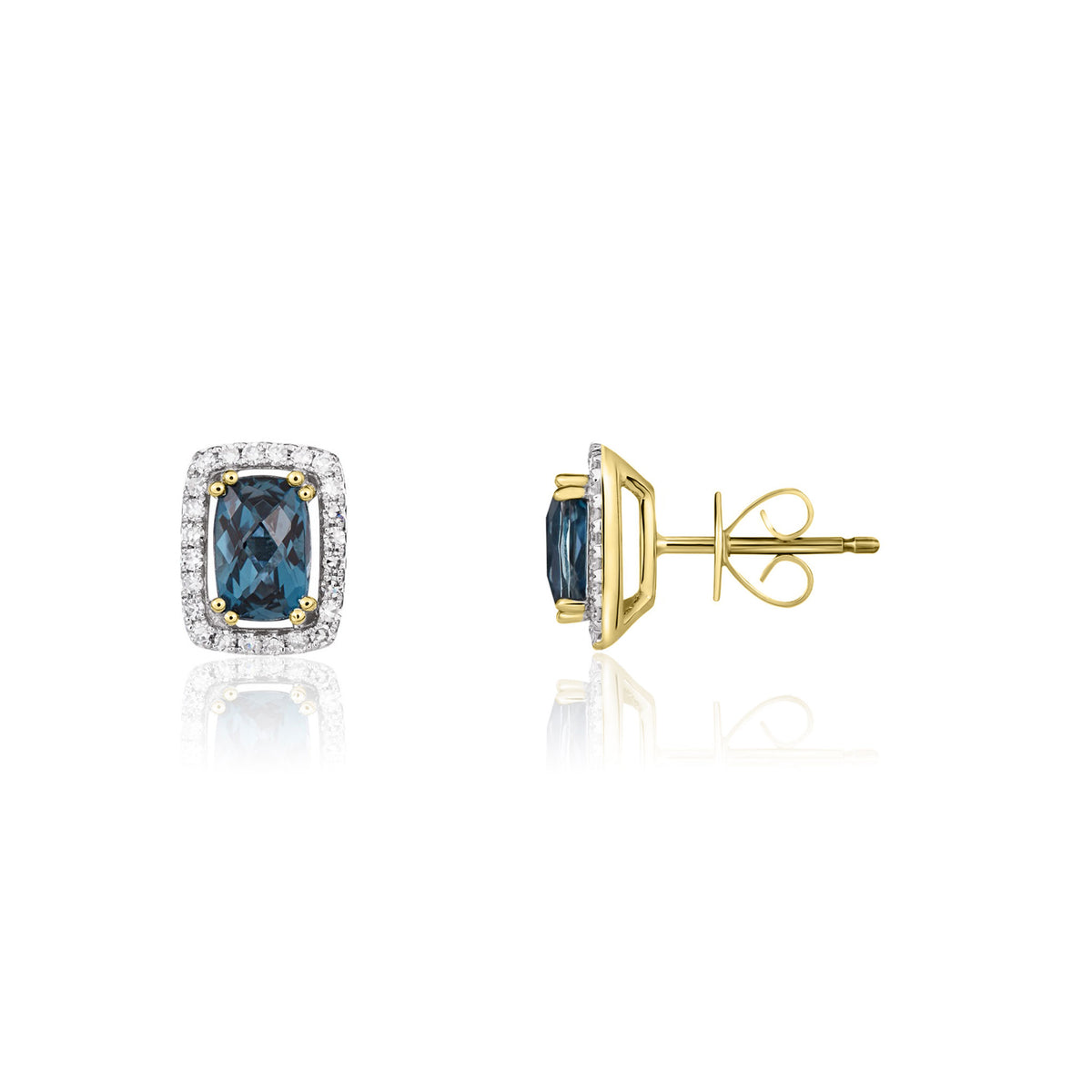 9YG 6X4 OCTAGONAL CUSHION LONDON BLUE TOPAZ & DIAMOND HALO CLUSTER EARRINGS