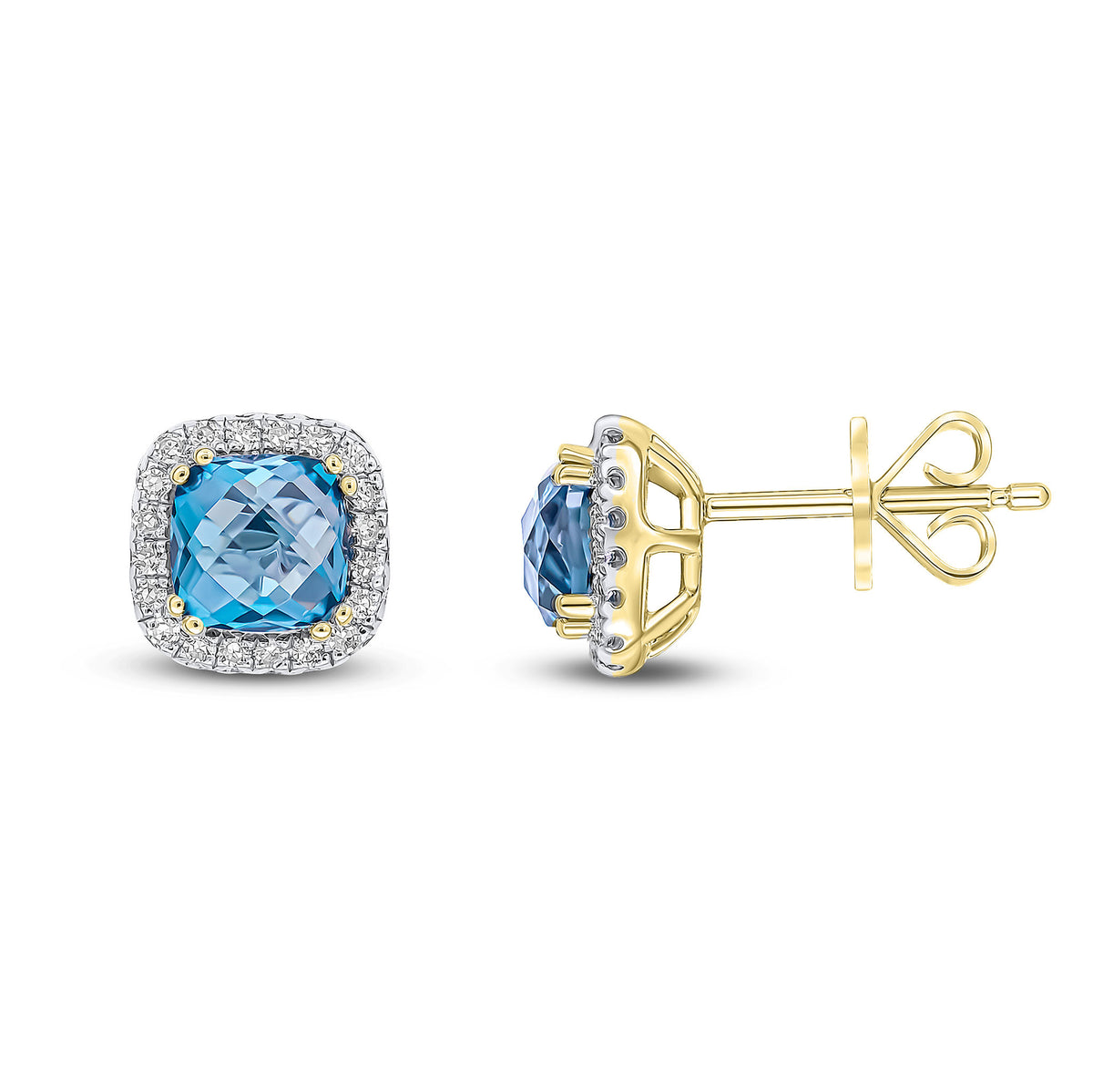 9CT YG 5MM CHECKERBOARD CUT CUSHION LONDON BLUE TOPAZ & DIAMOND CLUSTER EARRINGS. RHODIUM TO DIAMONDS