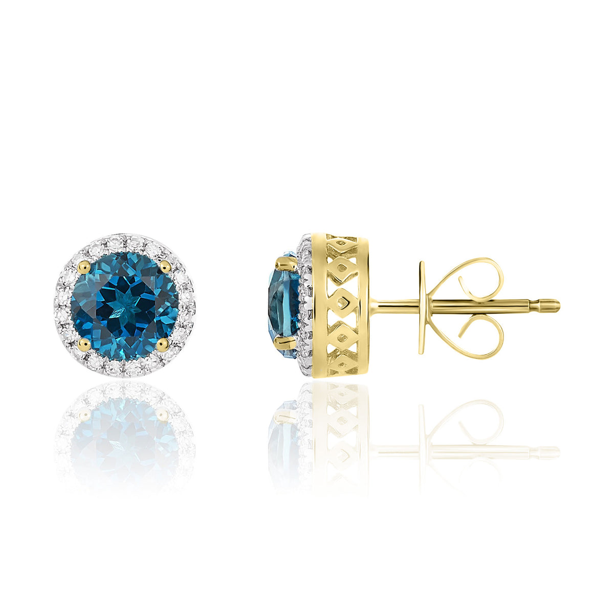 9CT YG 6MM ROUND LONDON BLUE TOPAZ AND DIAMOND CLAW CLUSTER EARRINGS. RHODIUM TO DIAMONDS