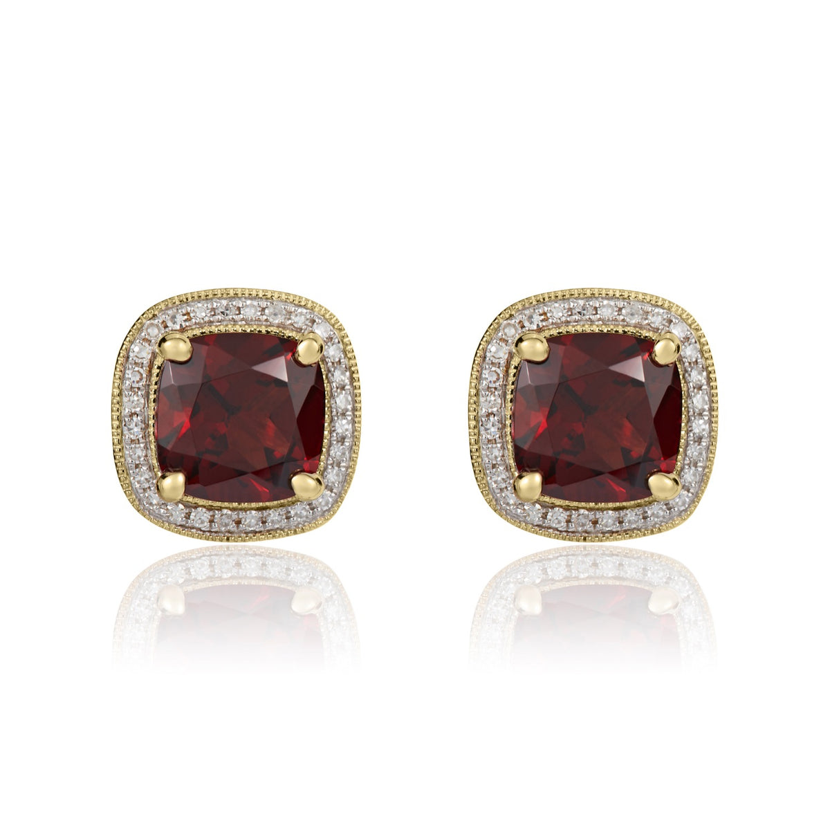 9CT YG 7MM CUSHION GARNET AND DIAMOND CLUSTER EARRINGS WITH MILLEGRAIN EDGE. RHODIUM TO DIAMONDS