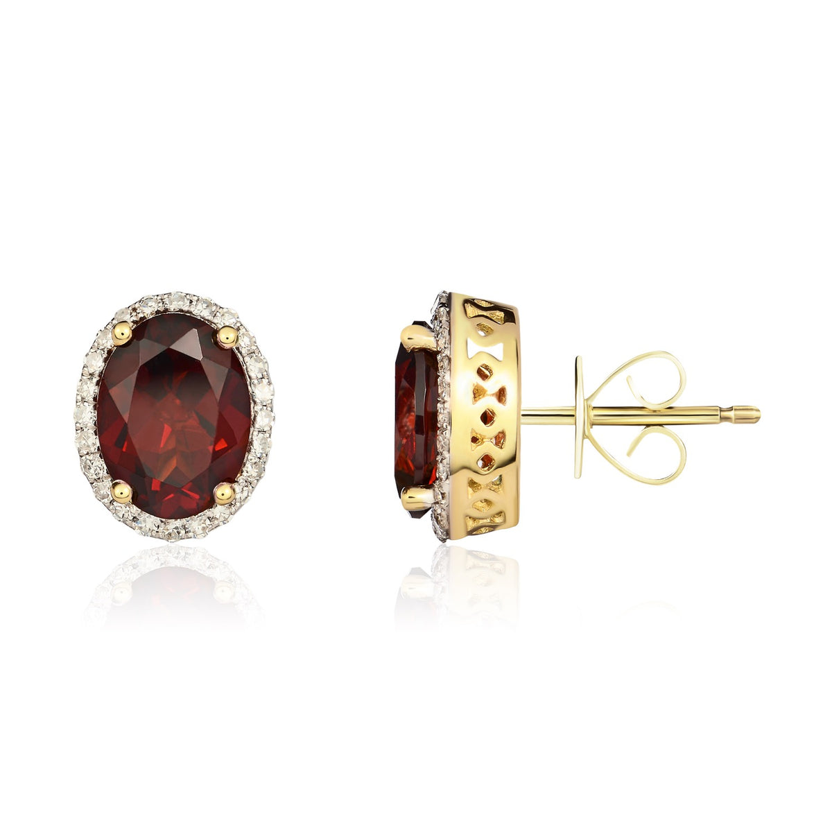 9CT YG 8X6 OVAL GARNET & DIAMOND CLAW SET CLUSTER EARRINGS. RHODIUM TO DIAMONDS