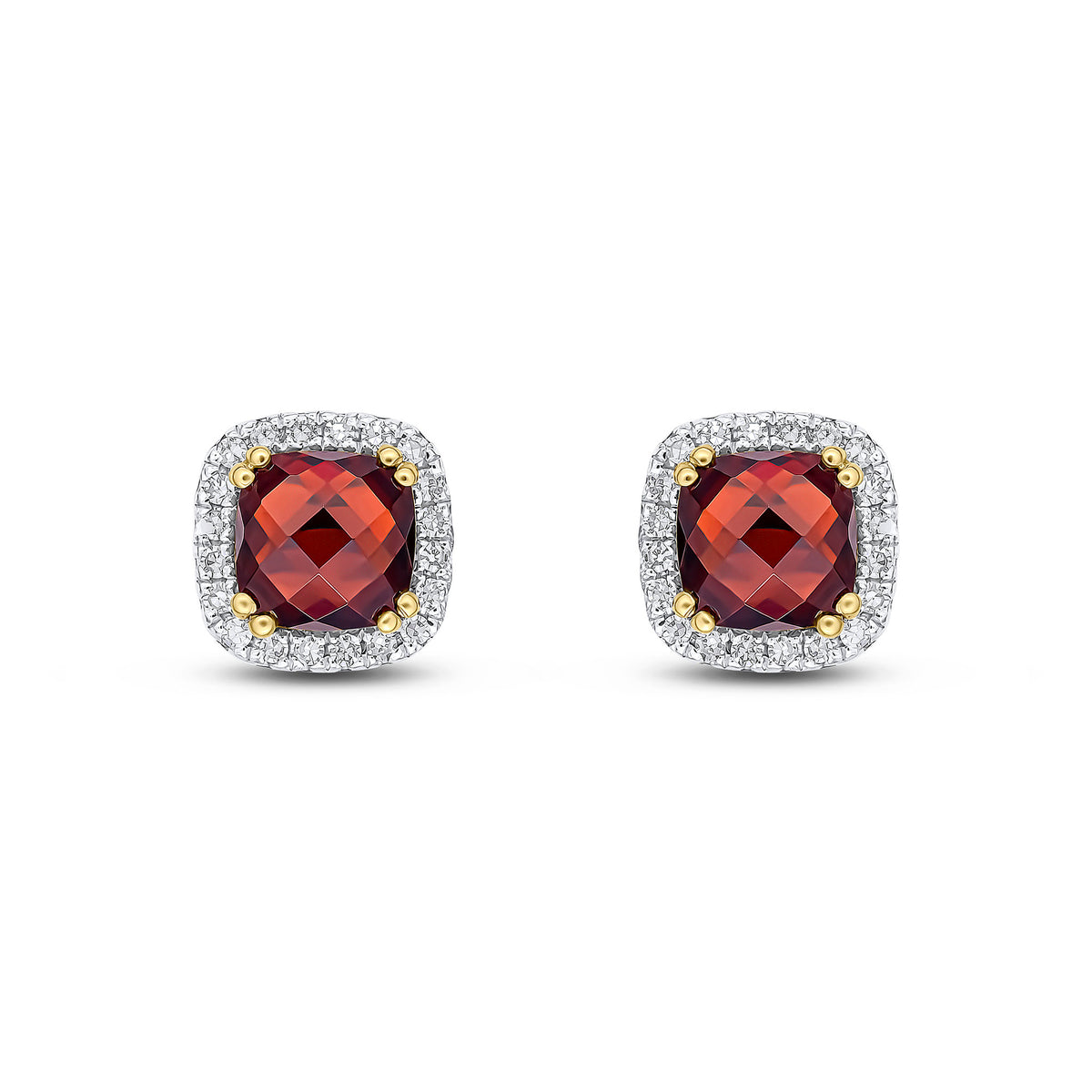 9CT YG 5MM CHECKERBOARD CUT CUSHION GARNET & DIAMOND CLUSTER EARRINGS. RHODIUM TO DIAMONDS